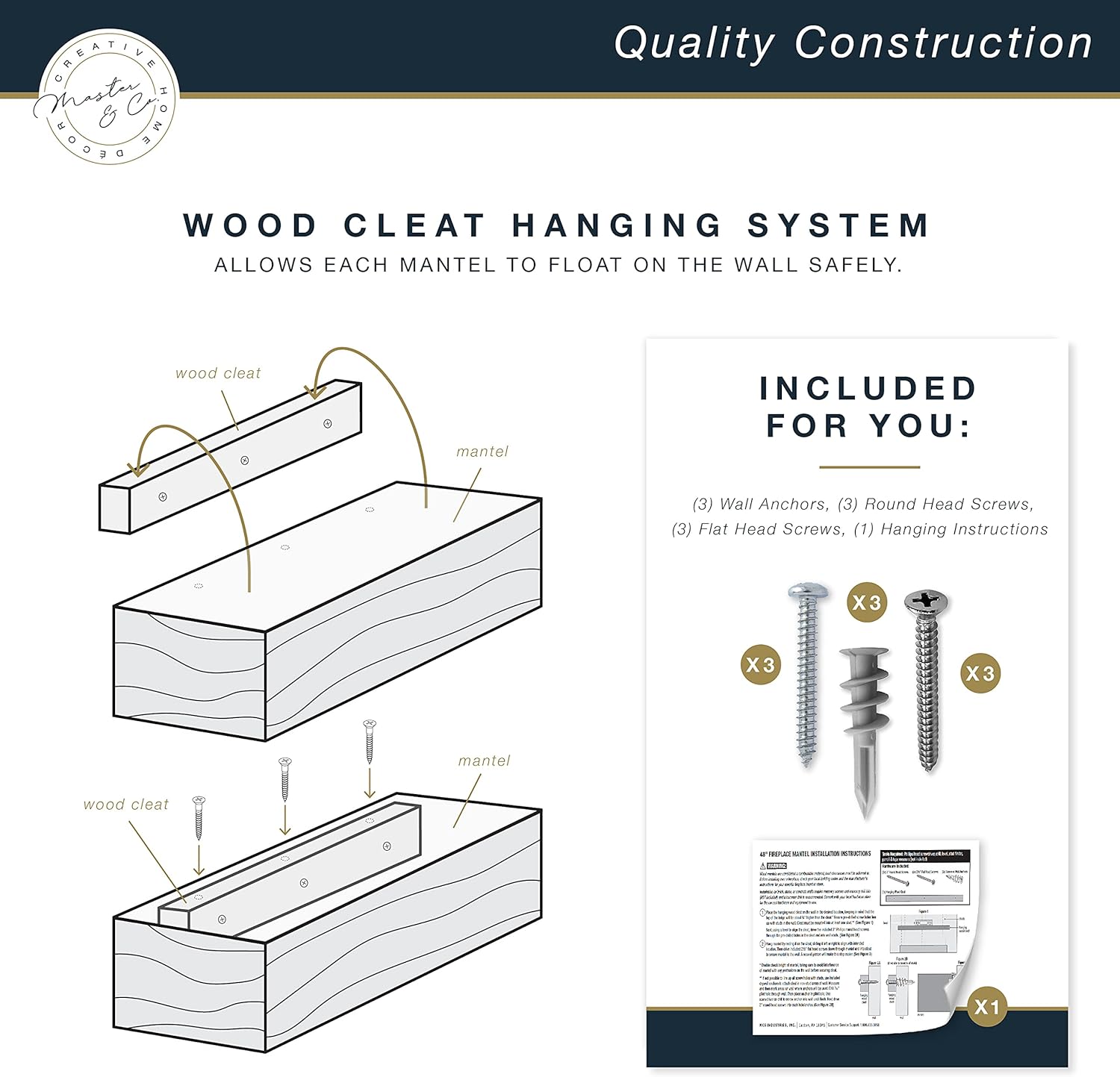 Master & Co. – Mantel flotante rústico para chimenea, estante flotante largo para decoración de pared, 48 pulgadas, natural antiguo