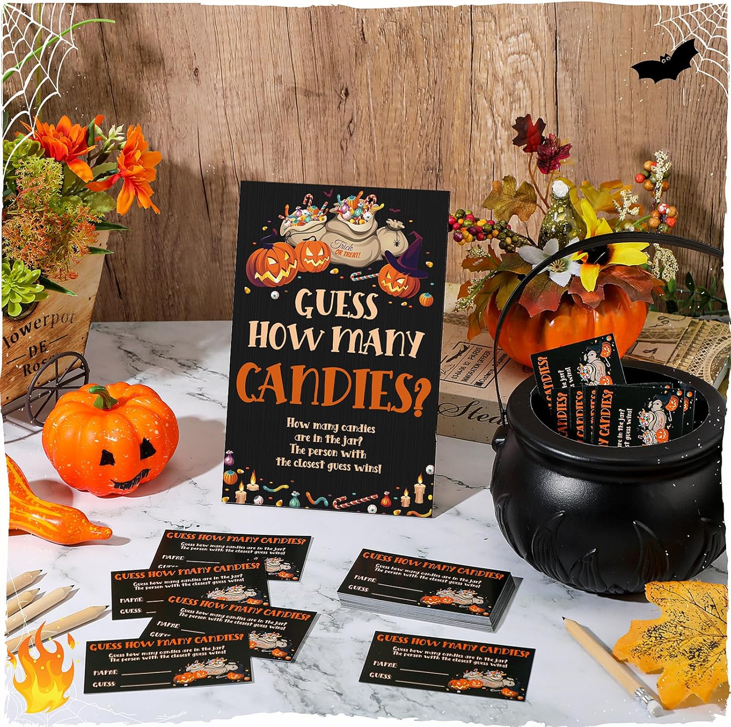 72 piezas de juegos de Halloween para baby shower, incluye 1 letrero de madera de adivinanzas de dulces, 50 tarjetas de adivinación, 20 lápices Hb y