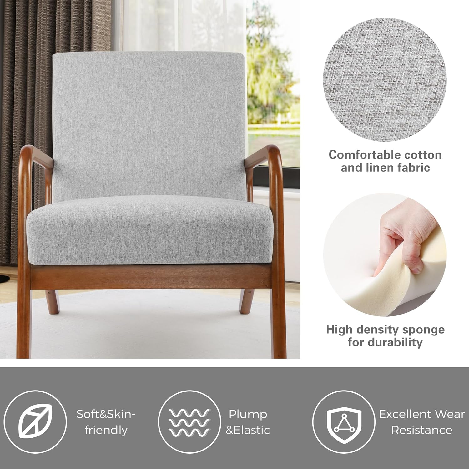 thksbought Sillas decorativas con sillas modernas de madera, sillas laterales de tela, sofá individual para sala de estar, dormitorio (2, gris claro)