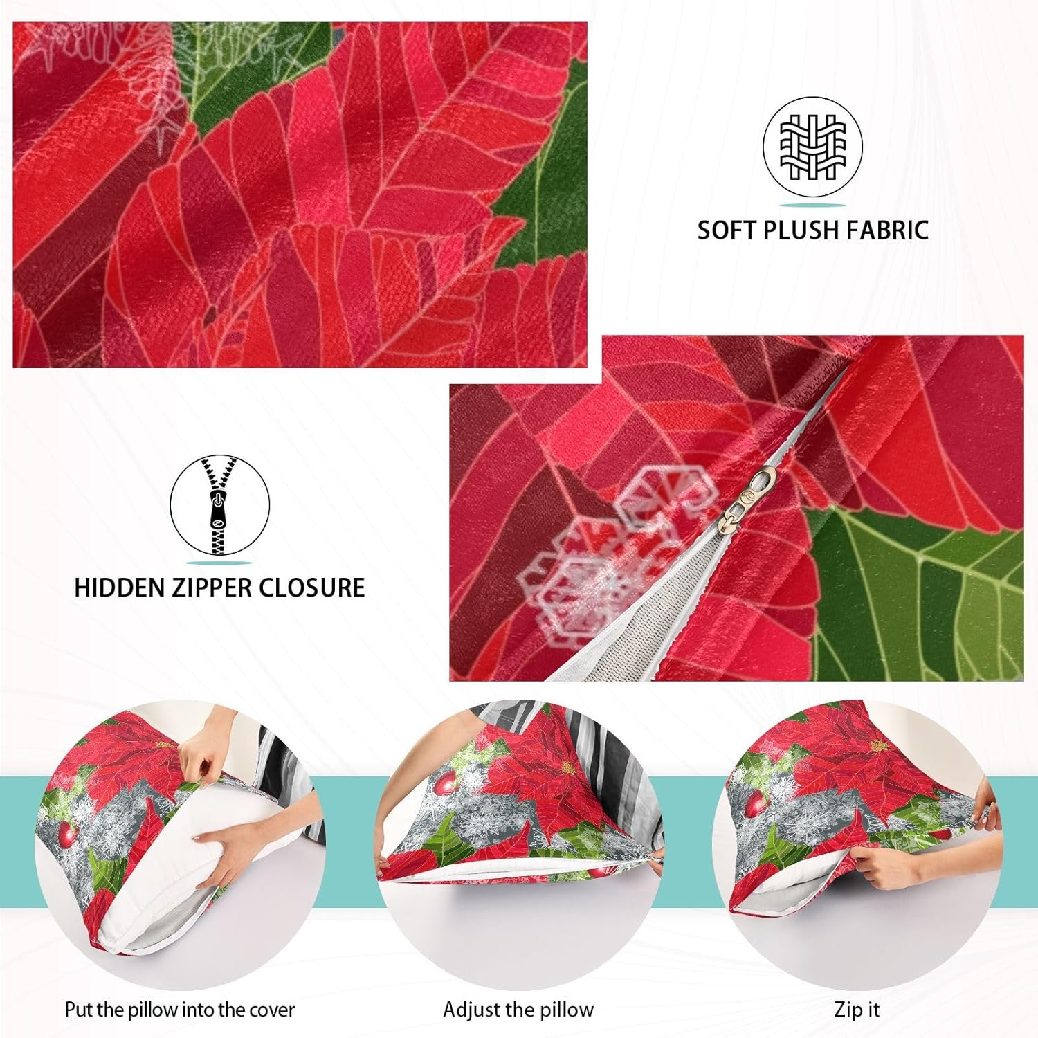 Fundas de almohada de terciopelo con flores de pascua navideñas, fundas de almohada suaves, cómodas fundas de almohada decorativas para sofá, cama,