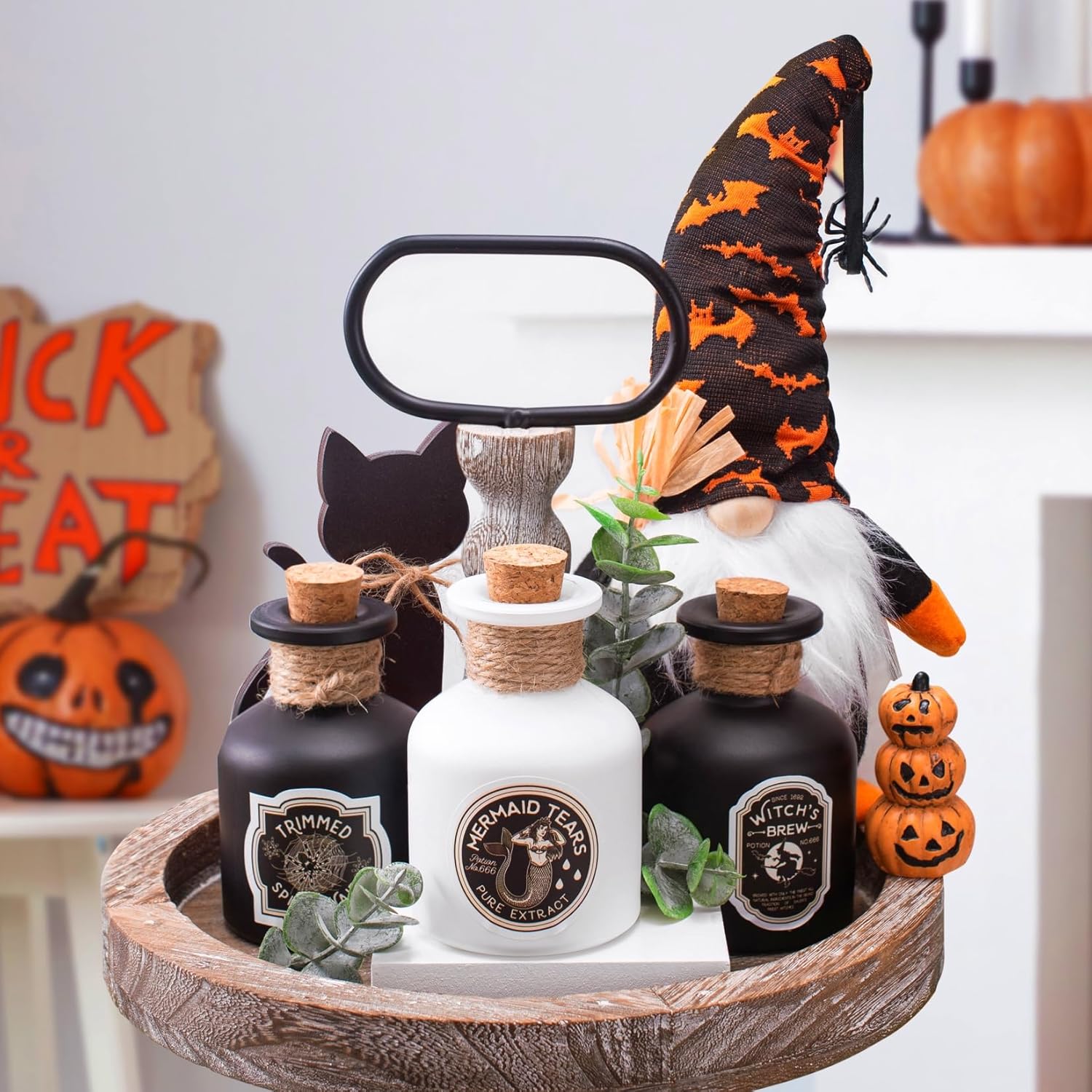 Decoraciones de Halloween para interiores  Decoración de bandeja escalonada de Halloween  3 botellas de poción de vidrio con 6 calcomanías  Botellas