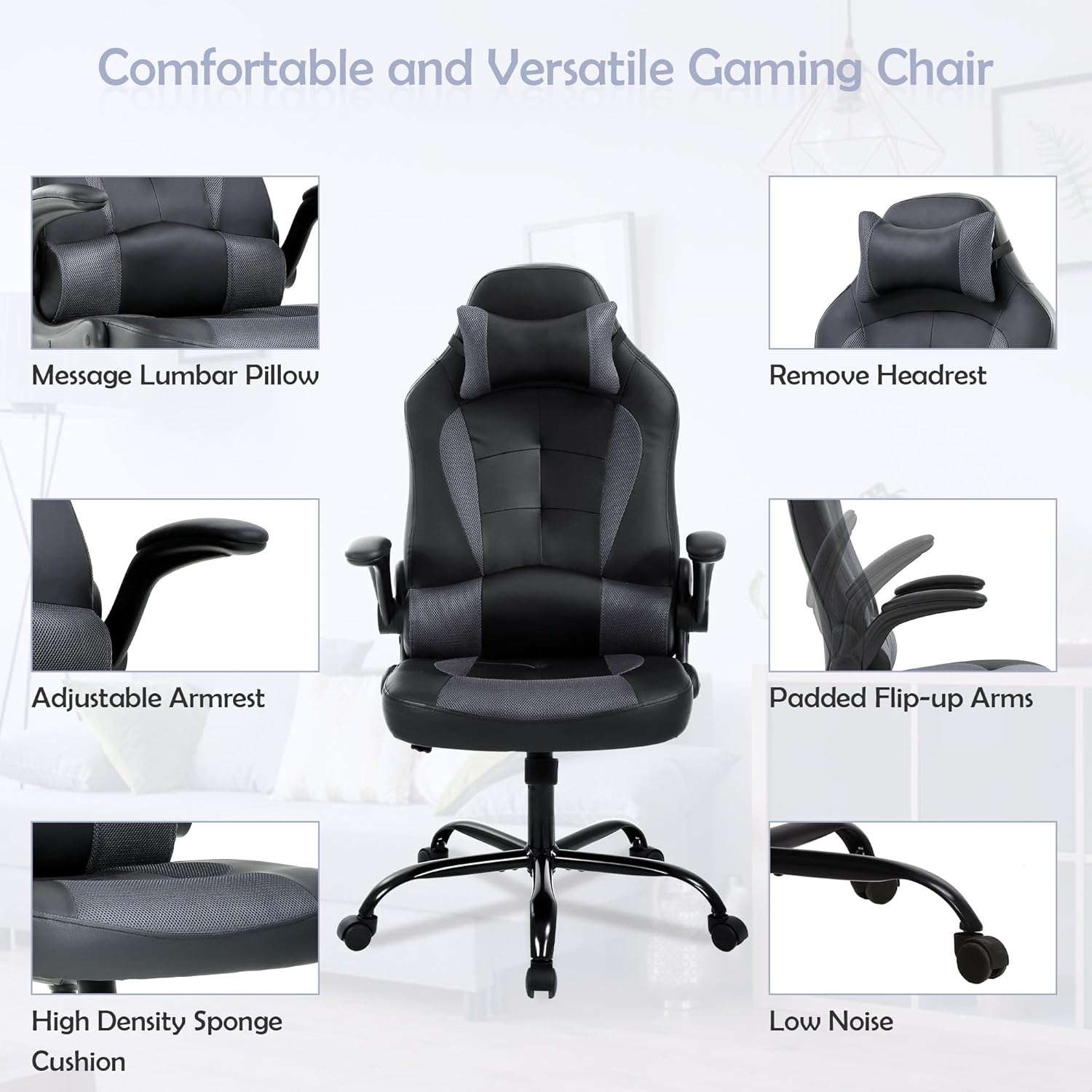 Silla de juegos barata para computadora, silla ergonómica de videojuegos de piel sintética, respaldo alto, silla giratoria de escritorio de oficina