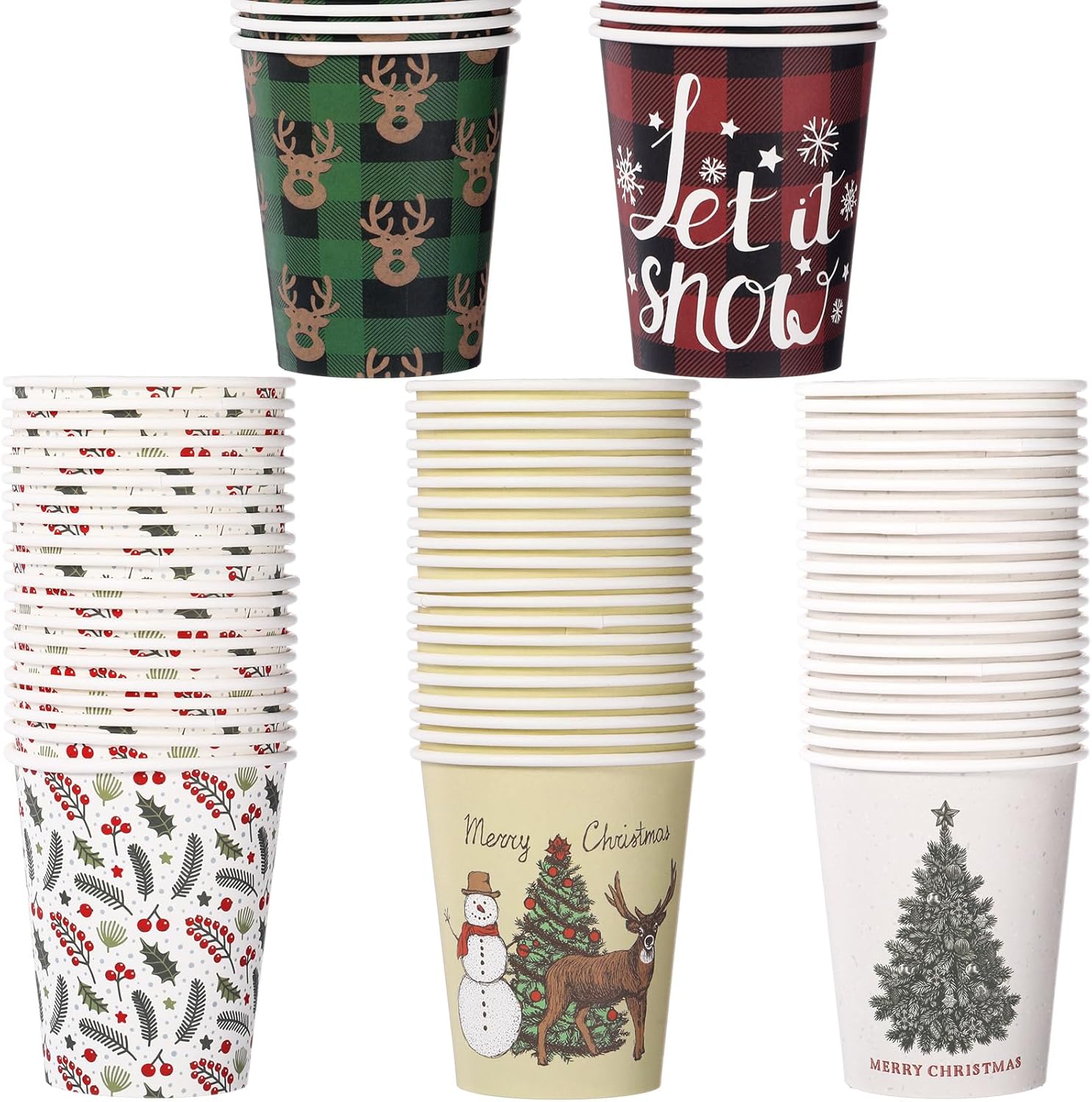 Zhehao 100 vasos de papel de Navidad desechables de 9 onzas, tazas de café de Navidad, tazas de chocolate de chocolate de Navidad, copos de nieve,
