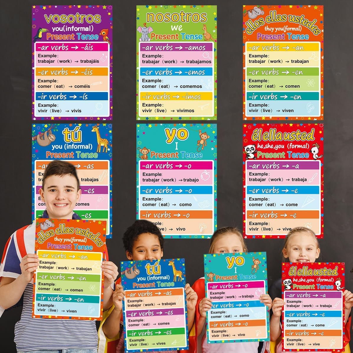 gisgfim 6 pósteres de conjugación de verbos en español, decoración de gramática española de color para decoración de aula de escuela primaria, media