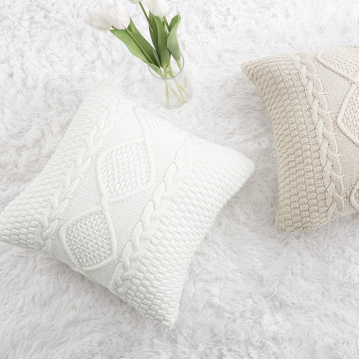 MANDIOO Fundas de almohada decorativas de algodón de punto blanco crema, fundas de cojín suaves y acogedoras para exteriores, fundas de almohada