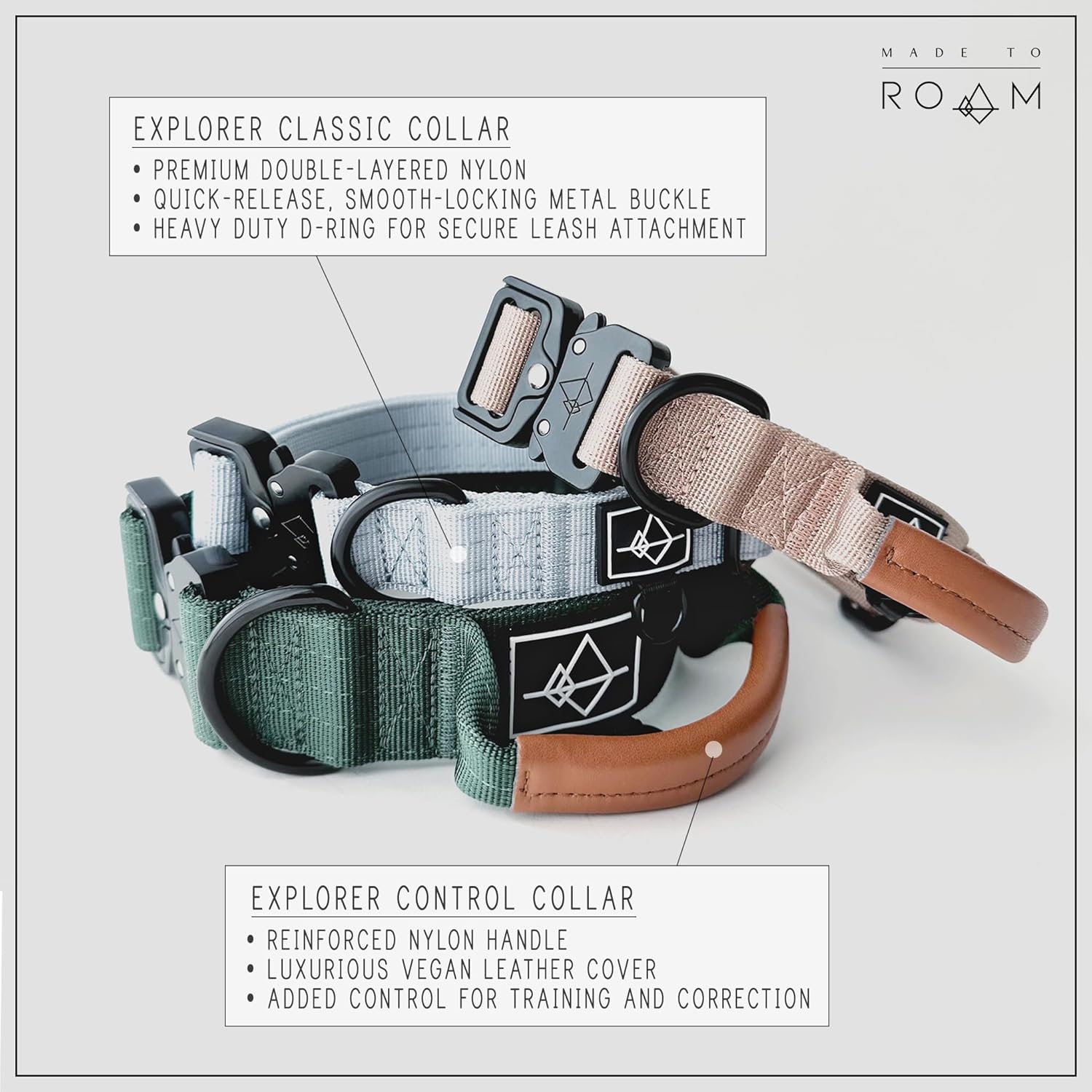 Made to ROAM – Collar de control Explorer de alta calidad, ajustable, de nailon resistente con hebilla metálica de liberación rápida y mango de