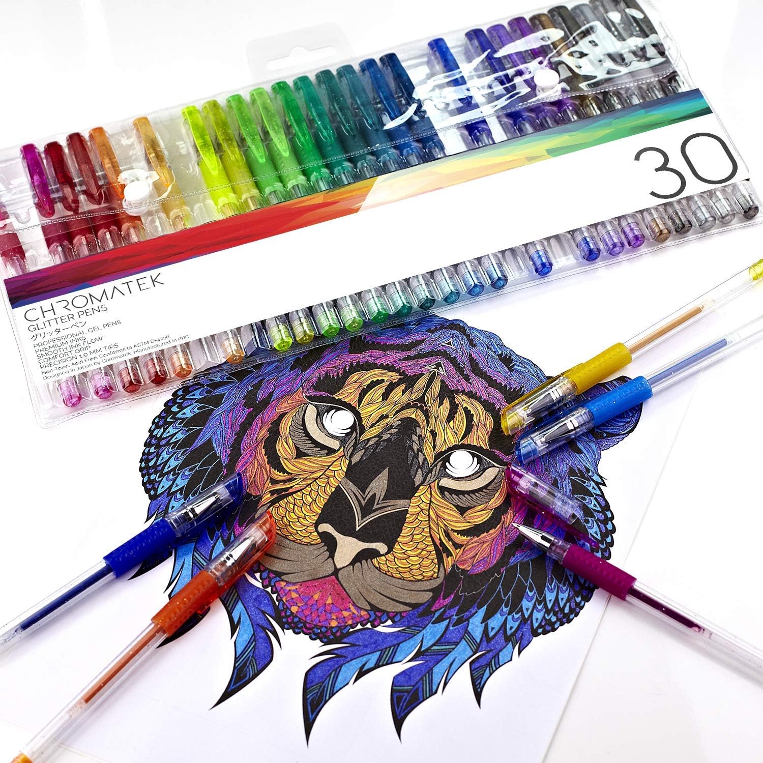 CHROMATEK Juego de 60 bolígrafos con purpurina de los mejores colores. 200% de tinta 30 bolígrafos de gel, 30 repuestos. Colores súper brillantes