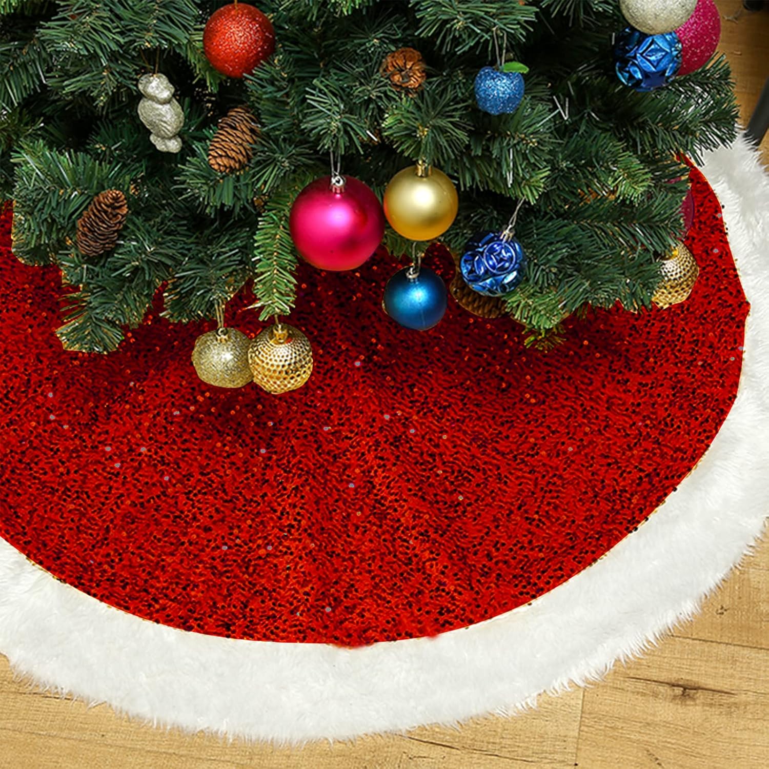 Falda de árbol de Navidad roja de 48 pulgadas, falda de árbol de Navidad grande de piel sintética con lentejuelas, falda de árbol de Navidad de