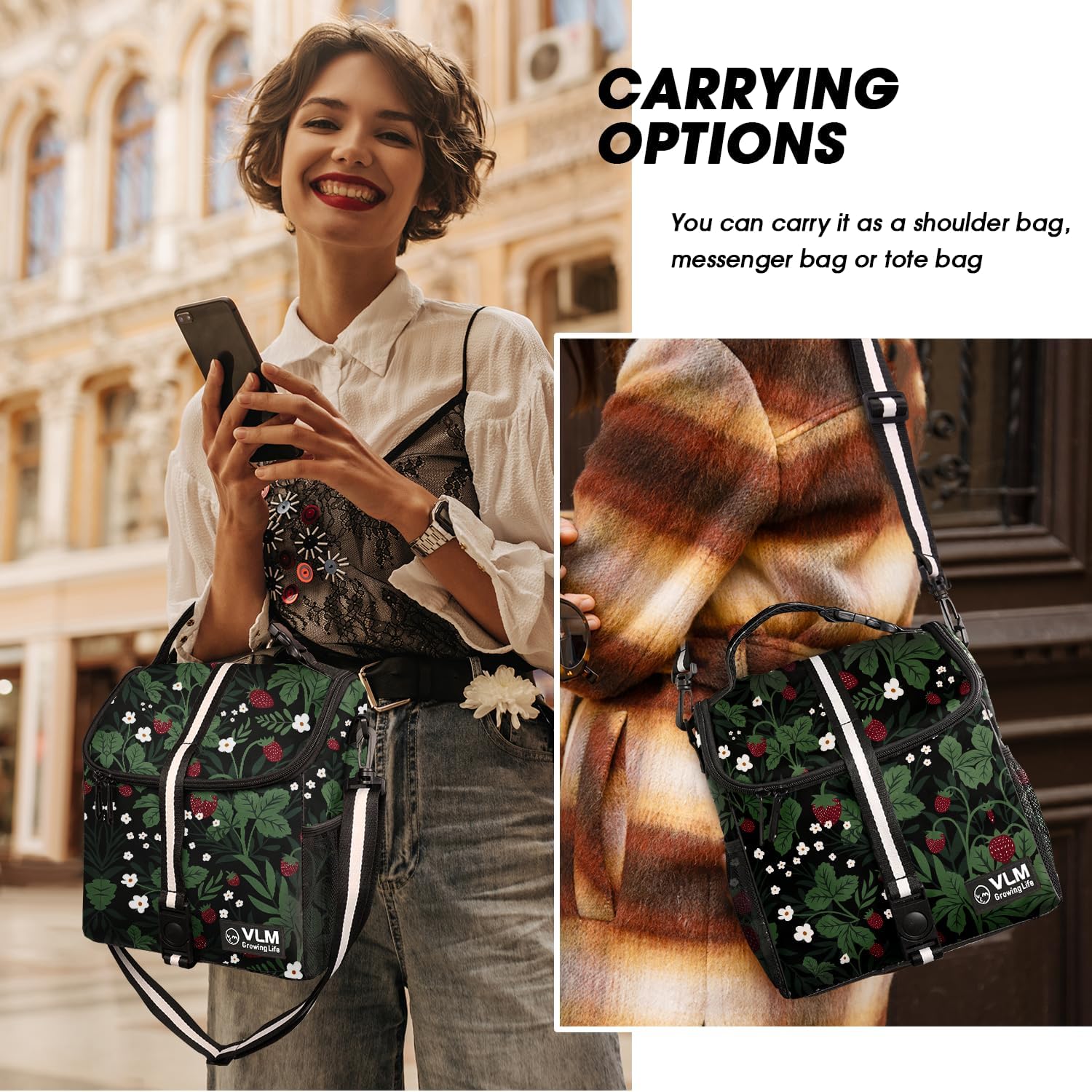 VLM Bolsas de almuerzo para mujer, a prueba de fugas, con estampado floral, con correa ajustable para el hombro, reutilizable, con cremallera, bolsa