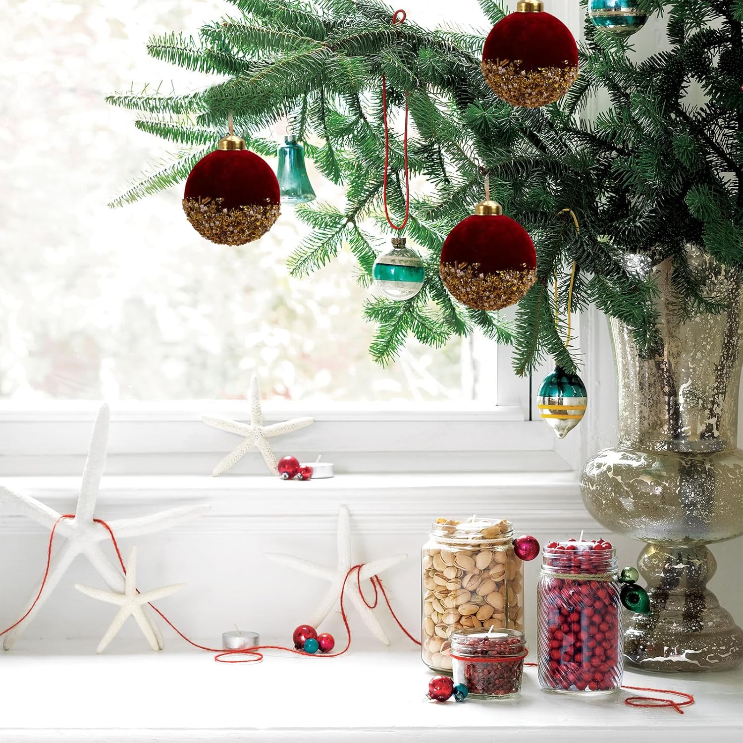 Bolas de Navidad rojas de 3 pulgadas, bolas colgantes para árbol de Navidad de terciopelo rojo, bolas de espuma de lentejuelas con purpurina