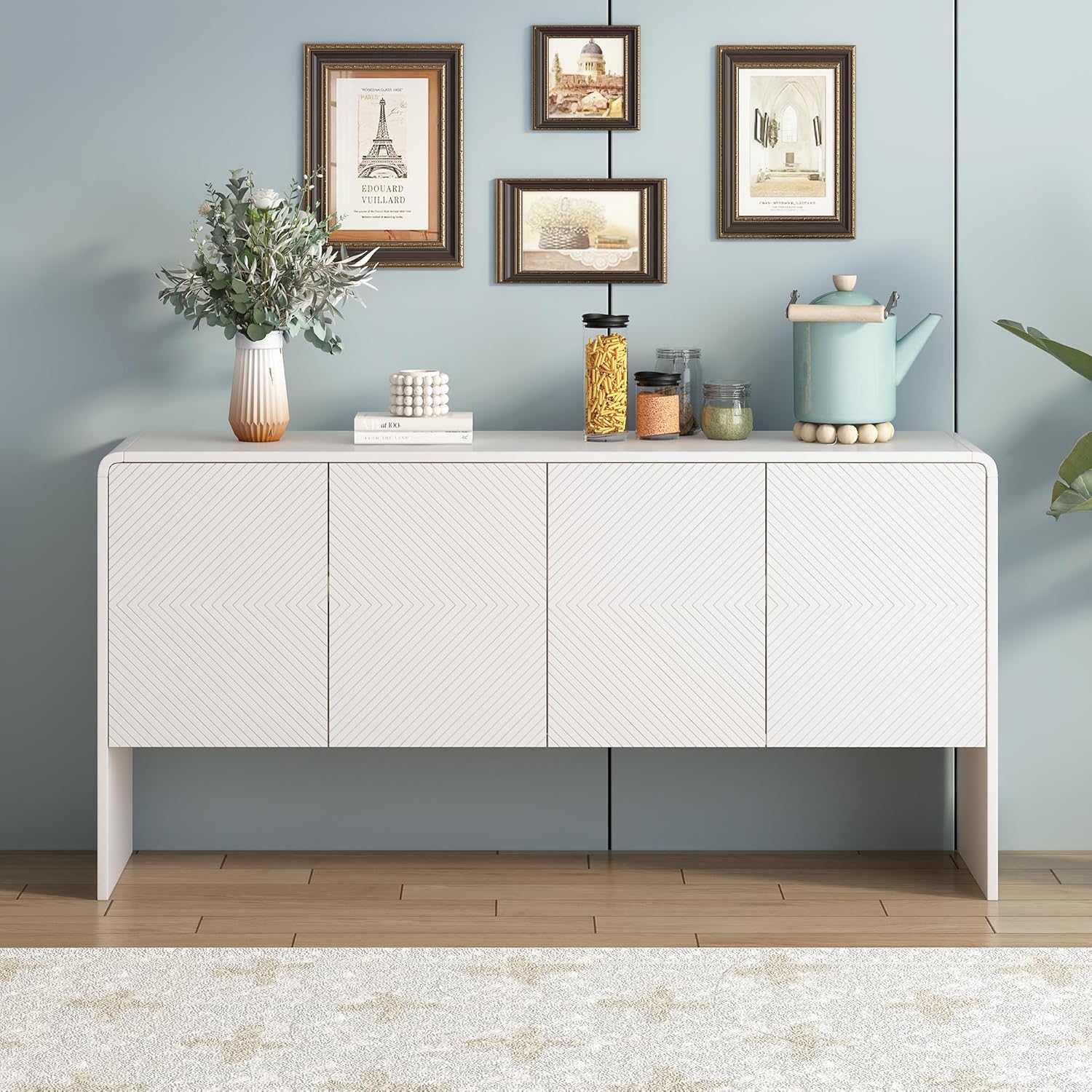 Armario de almacenamiento de estilo minimalista de 60 pulgadas de largo, mesa consola de madera, mesa de entrada con 4 puertas y dispositivo de