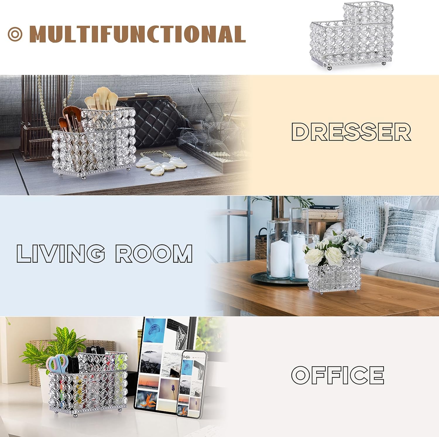 ELLDOO Soporte para brochas de maquillaje de cristal, organizador de cosméticos de 2 ranuras, centro de almacenamiento, delineadores de ojos,