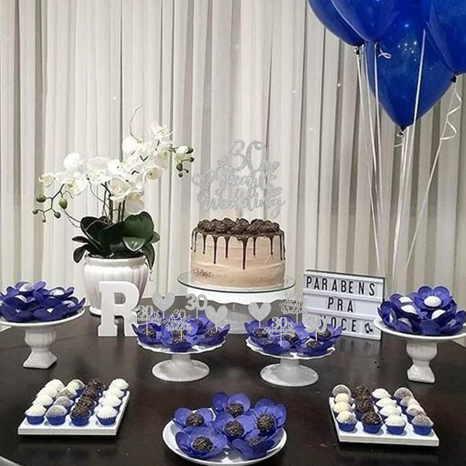 25 piezas de adornos para cupcakes de 30 aniversario con 30 perlas para pastel de boda, corazón con purpurina, 30 aniversario de boda, decoración de