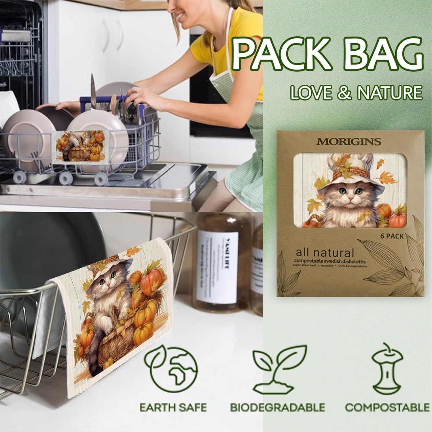 Morigins Paños de cocina suecos para cocina, paquete de 6 paños de cocina suecos con calabaza, gato, paños de esponja de celulosa, toallas de papel