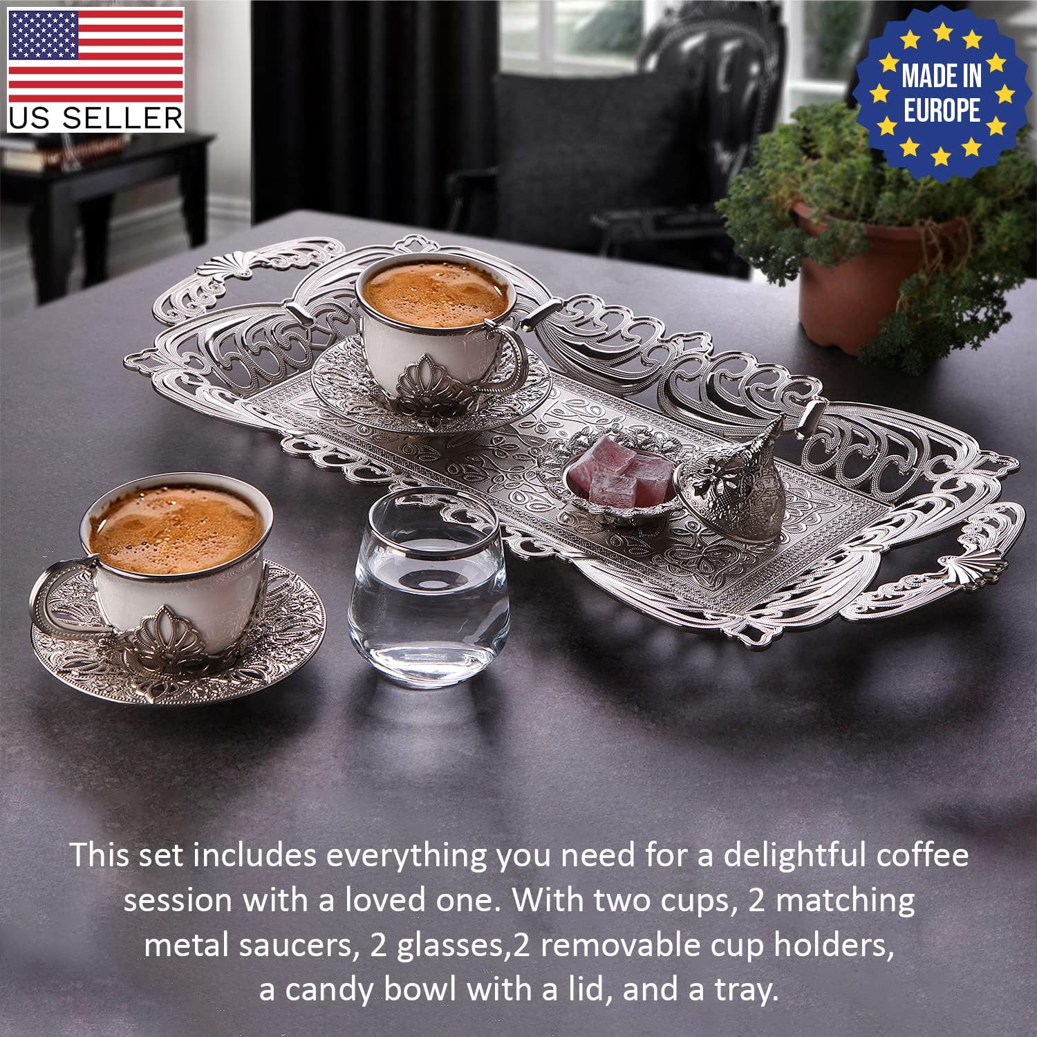 Juego de 2 tazas de café turco hechas a mano con vasos, platillos, portavasos, cuenco para dulces y bandeja, tazas de café expreso para una