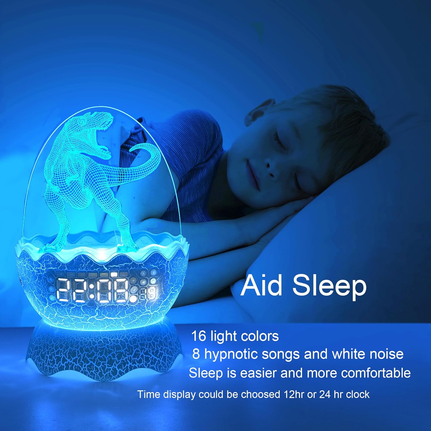 Luces nocturnas musicales de dinosaurio, reloj despertador de huevo de dinosaurio para niños, altavoz Bluetooth y ruido blanco Mahine para bebé,