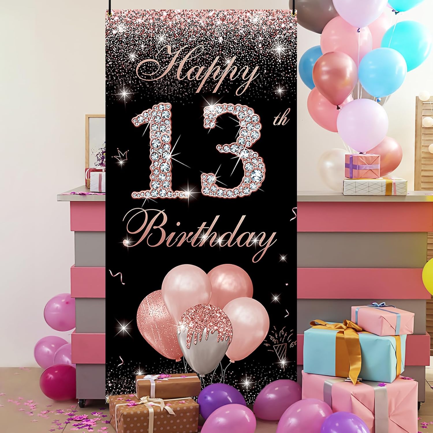 Cartel de telón de fondo para puerta de cumpleaños número 13, color oro rosa, decoración de feliz cumpleaños número 13 para niñas, cartel de tela