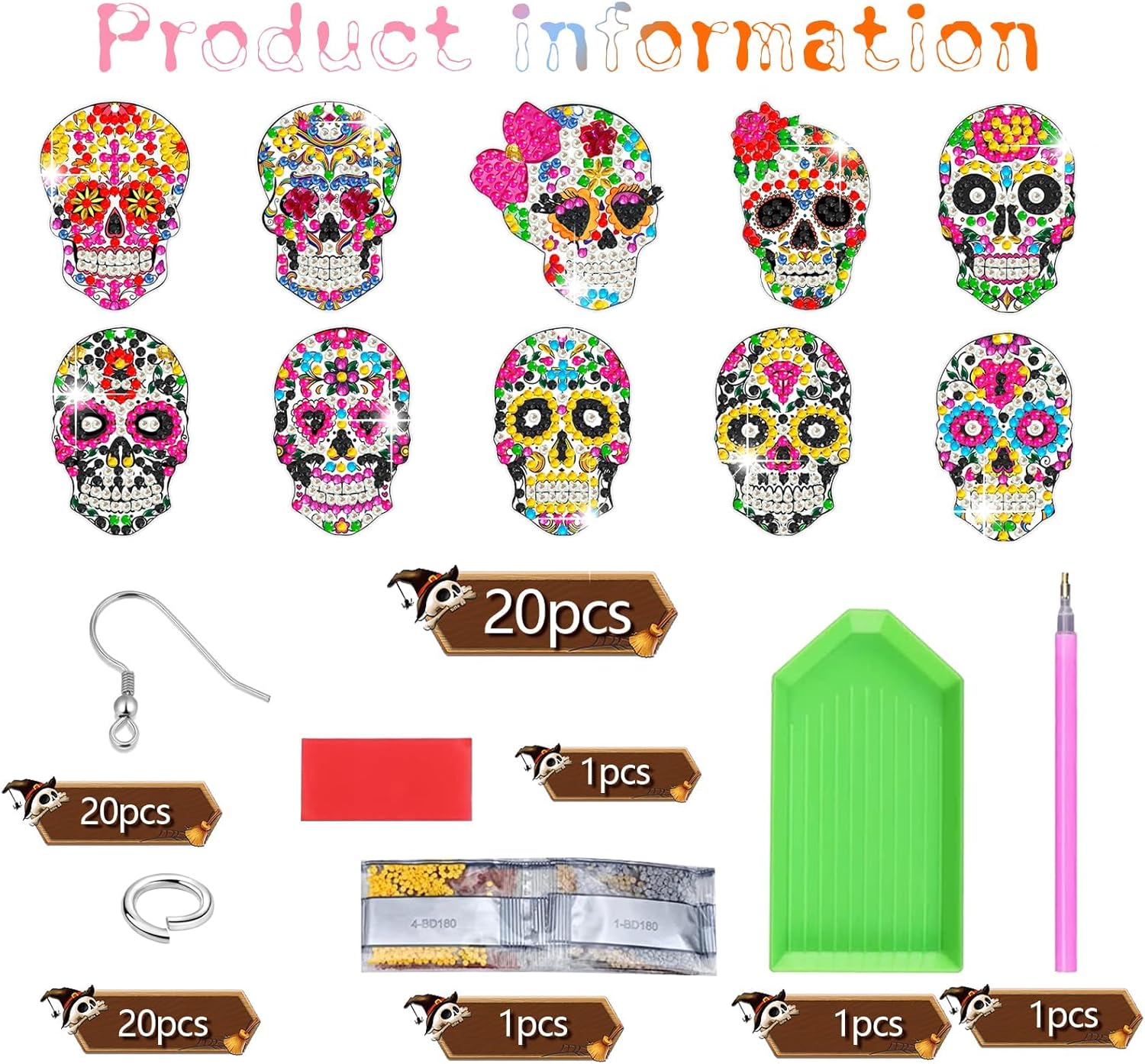 Juego de 10 pares de aretes de diamantes 5D con forma de calavera para el Día de los Muertos, pintura de diamantes para mujeres, México, aretes de