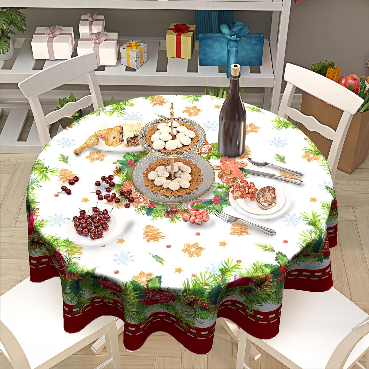 Giwawa Mantel redondo de bola de Navidad de 60 pulgadas, impermeable, cubierta de mesa para el hogar, restaurante, cocina, picnic, decoración de