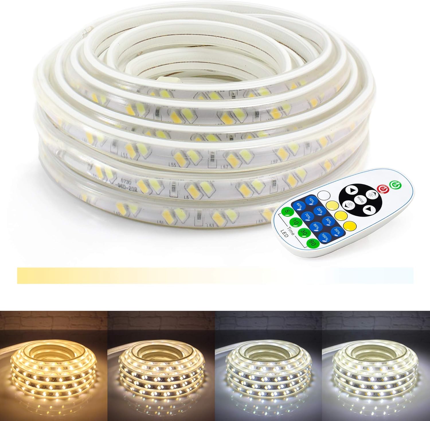 WYZworks Tira de luces LED planas, 50 pies, 2 en 1, blanco cálido y blanco frío, iluminación regulable flexible con control remoto, temporizador,