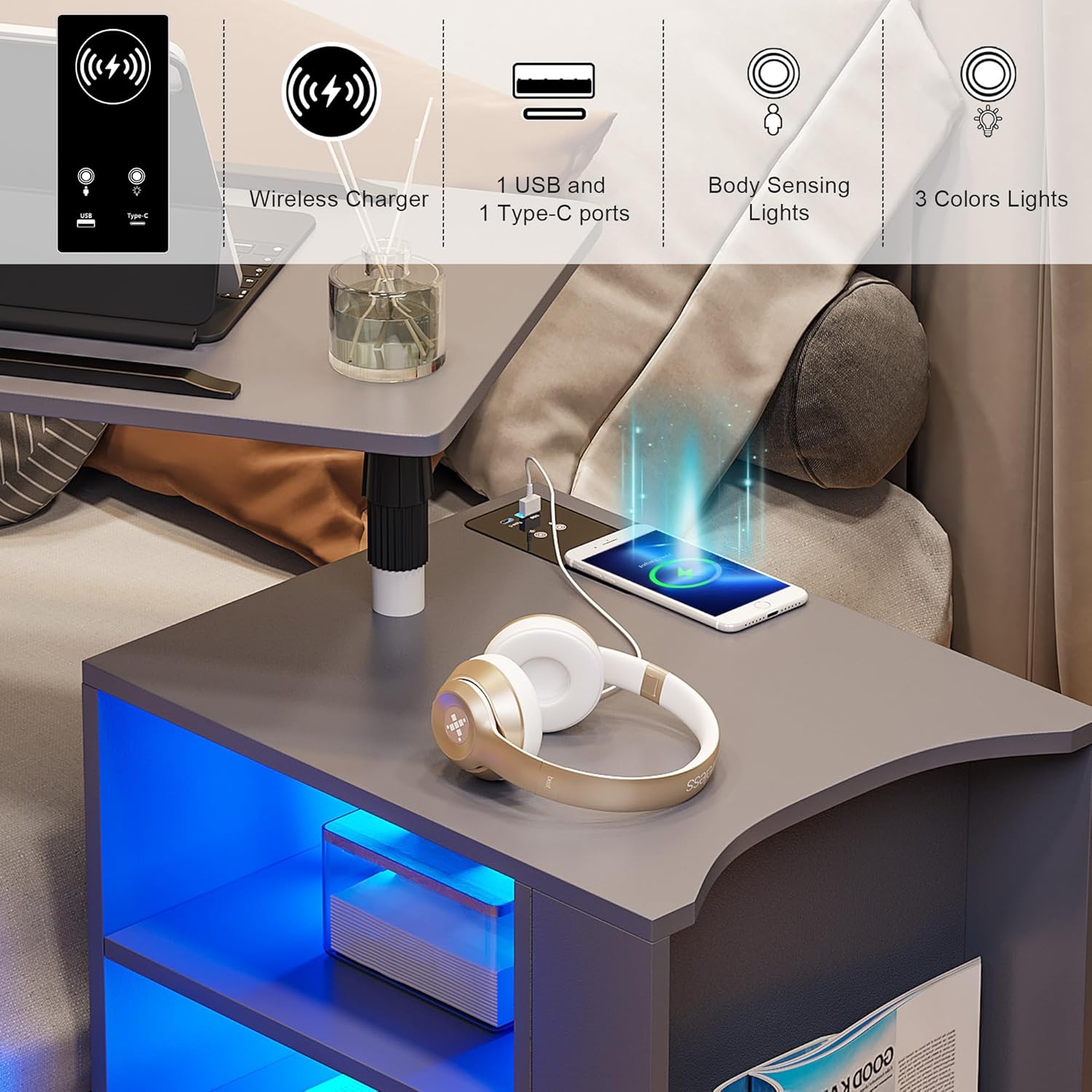 HNEBC Mesita de noche LED con estación de carga inalámbrica, mesita de noche gris tiene mesa giratoria ajustable, mesitas de noche con un cajón y 2