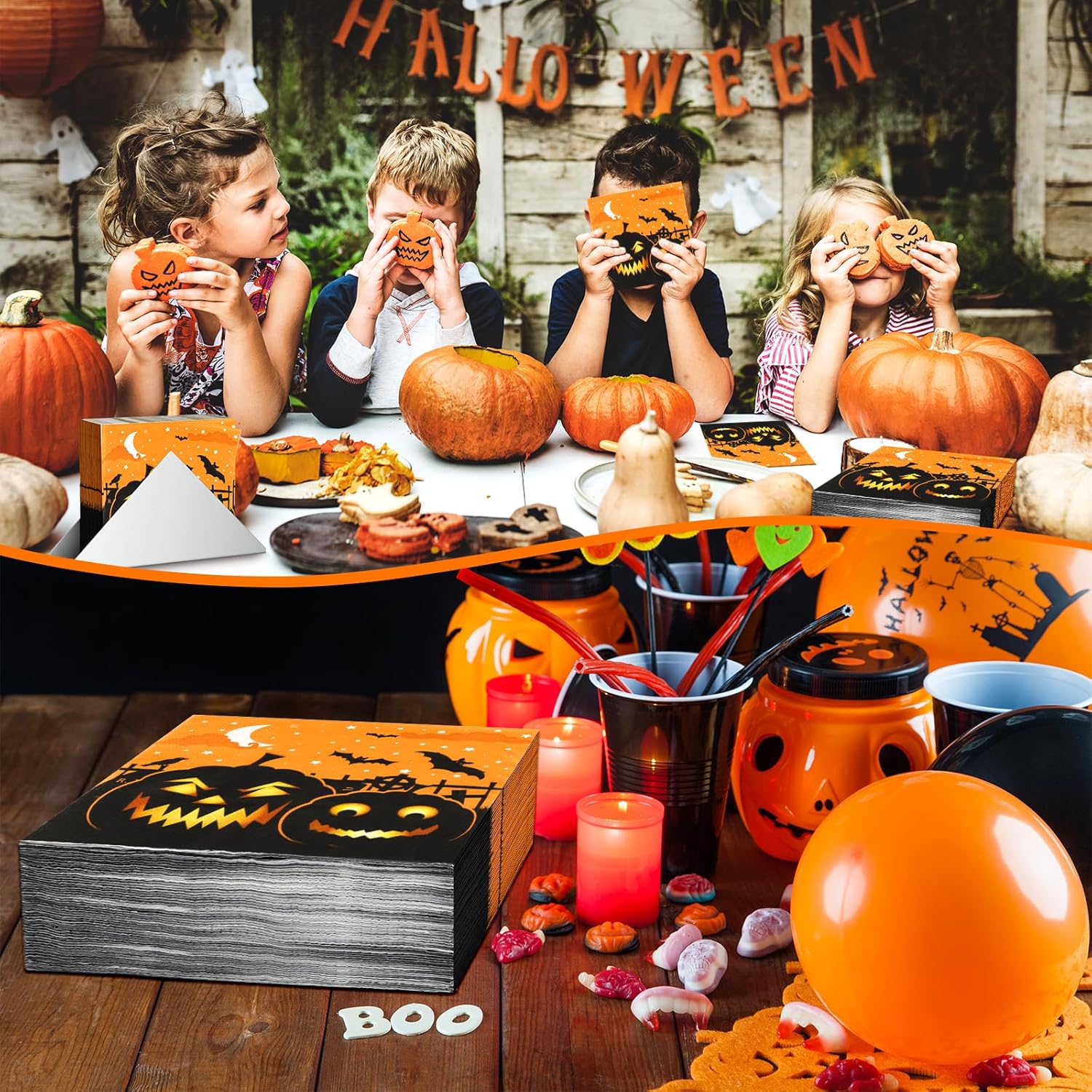 100 servilletas de Halloween de papel, calabazas de papel, cócteles, bebidas, almuerzo, servilletas de cena, suministros de fiesta, decoraciones de