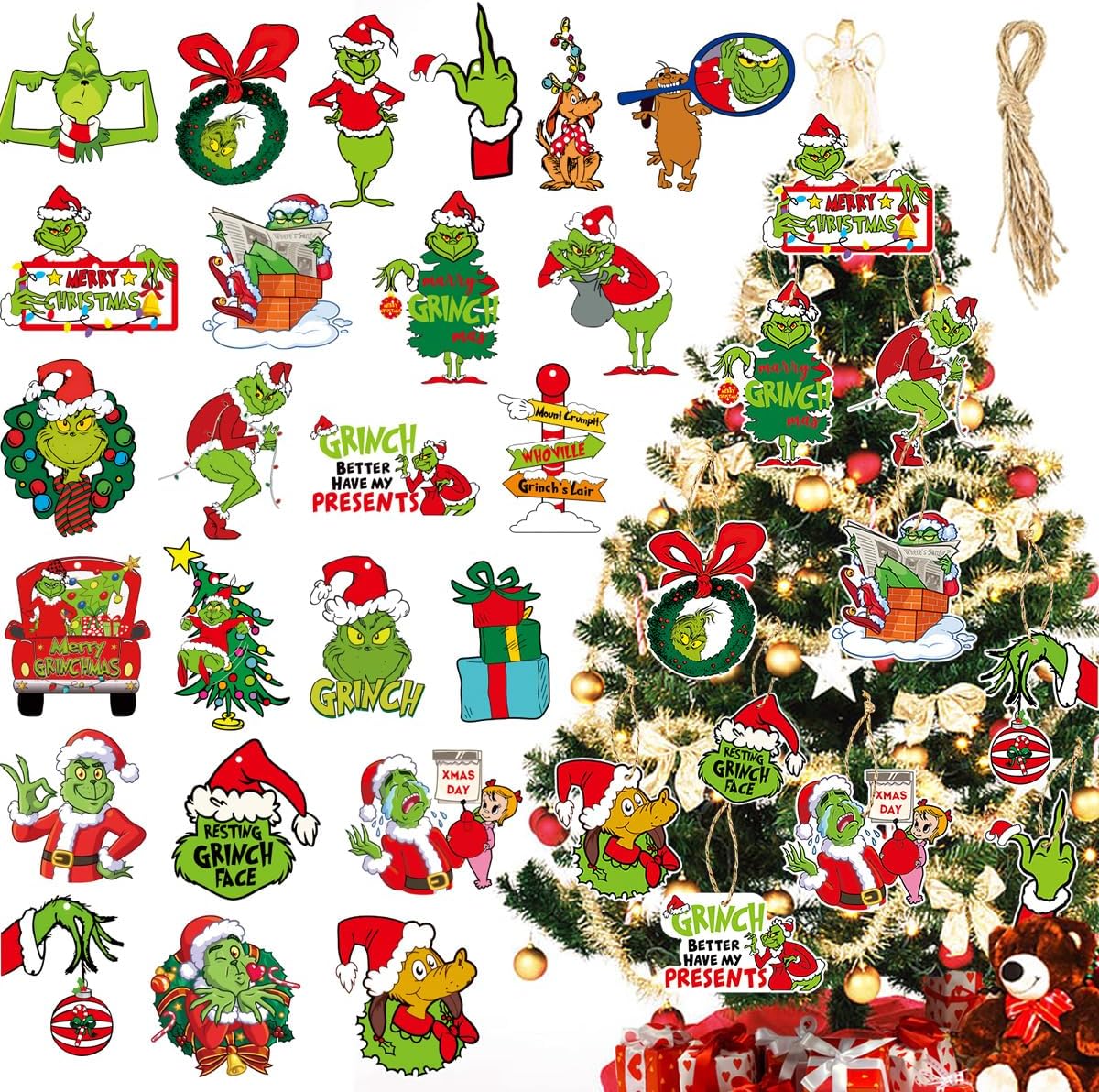 24 piezas de decoración de árbol de Navidad de Grinch, adorno colgante para árbol de Navidad, monstruo verde, decoraciones de Navidad, decoración de