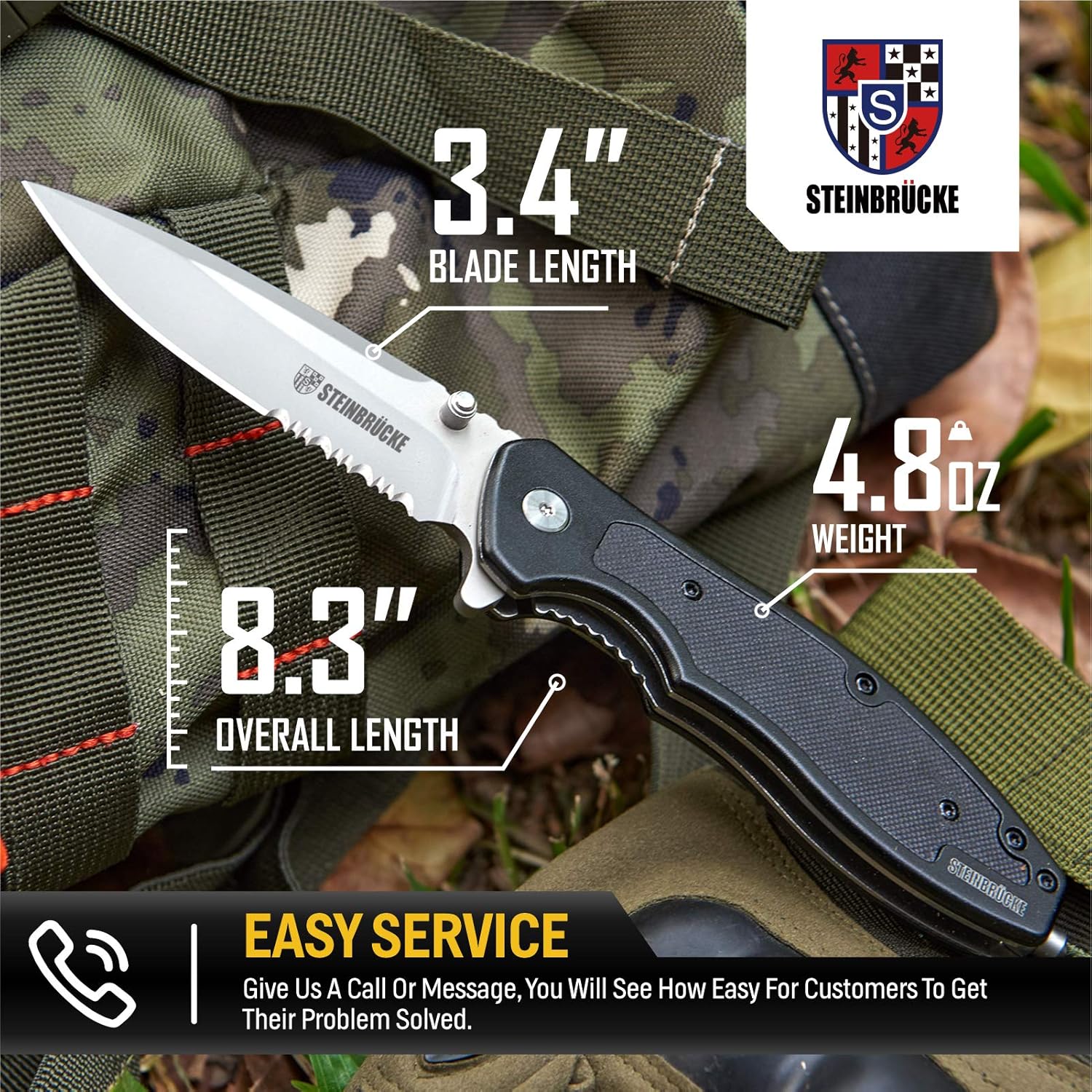 Steinbrucke EDC Cuchillo de bolsillo para hombre, cuchillo Sandvik 14C28N de 3.4 pulgadas, hoja dentada de acero inoxidable mango de aluminio G10