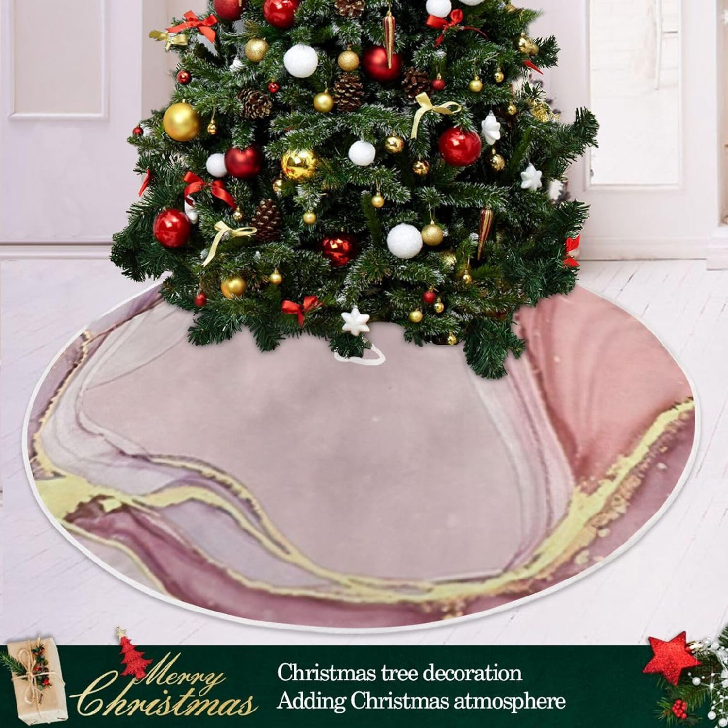 Pink and Golden Marble Pattern Christmas Treeskirt, Cozy Christmas Decor, Machine Washable Christmas Tree Skirt, Small Christmas Tree Skirt for 3ft