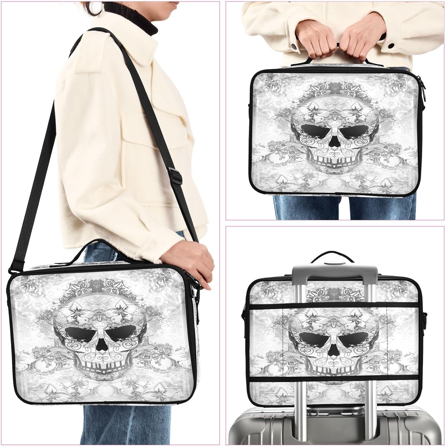 Day Dead Skull Happy Halloween Floral Ornament cosmetic drawstring bag travel make up makeup bag zipper makeup bag with dividers neceser de viaje