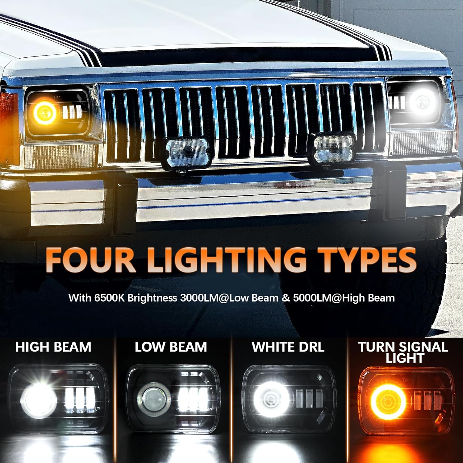 5×7 7X6 Faros LED H6054 Retangular Seal Beam faro con halo luz diurna compatible con Cherokee XJ Wrangler YJ Kenworth T300 Etc