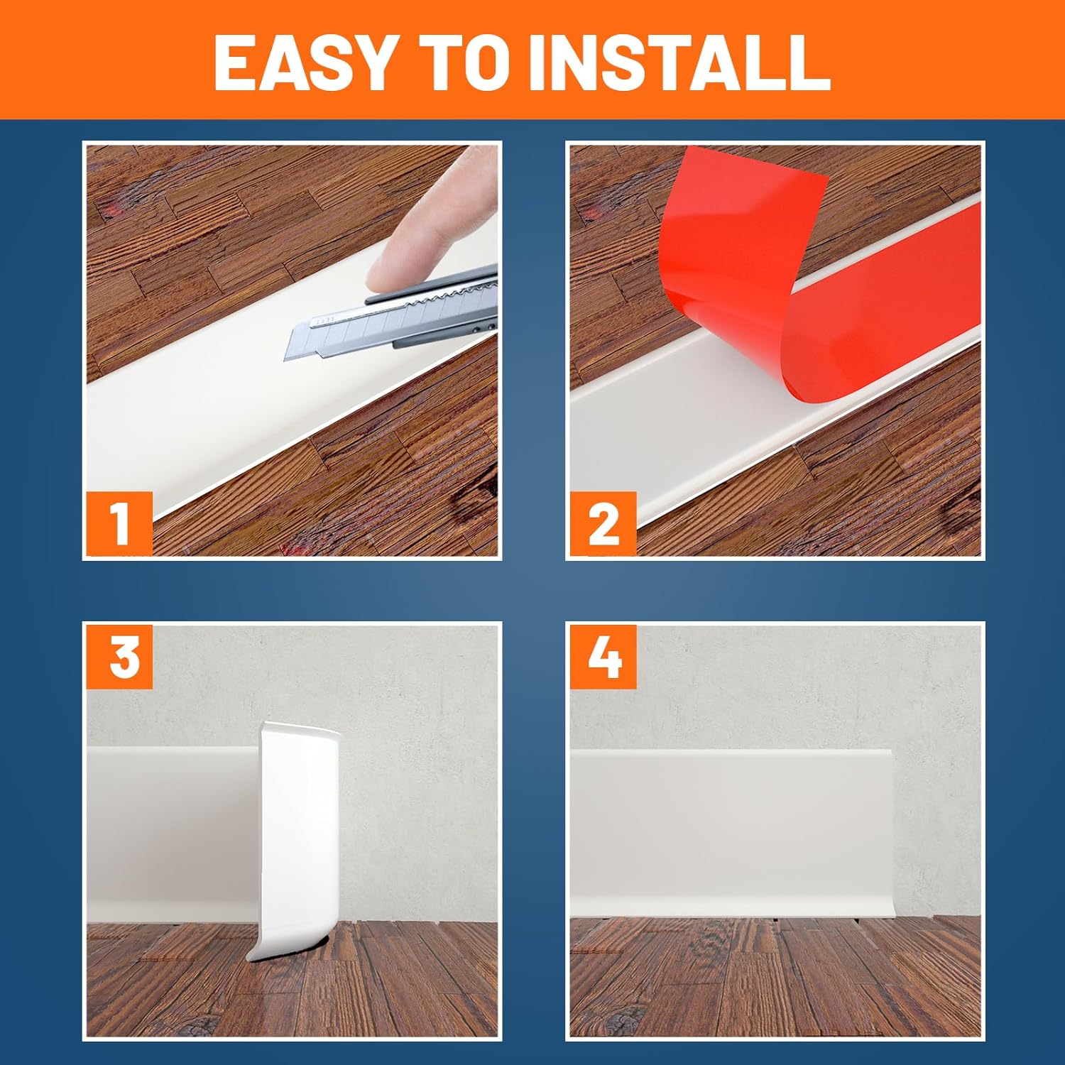 YUZZY Moldura para zócalo, 4 pulgadas de ancho x 40 pies de largo, base de pared de vinilo autoadhesivo flexible, base de pared de goma para