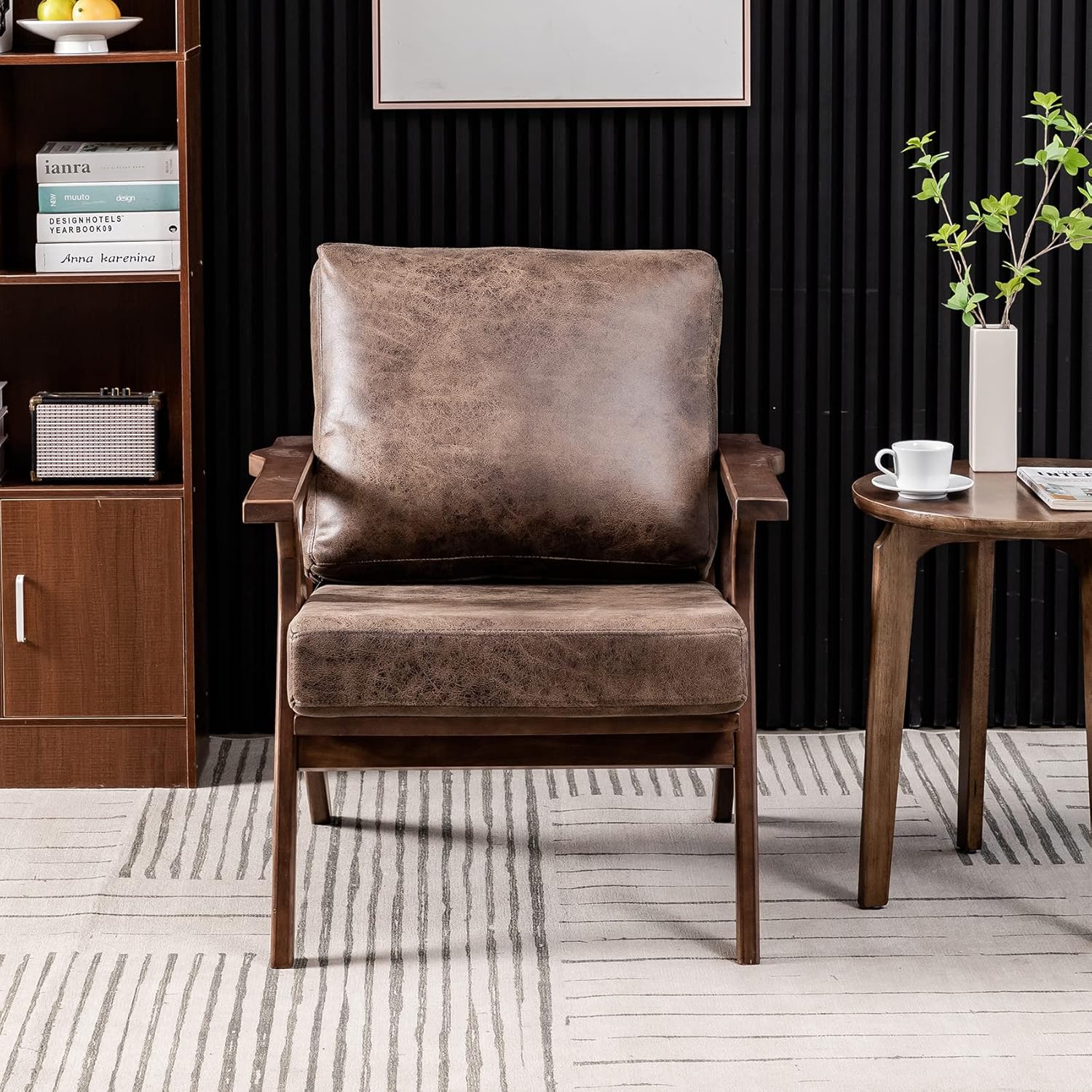UNICOO – Silla de mediados de siglo, sillón tapizado retro, con marco de madera y cojines extraíbles, silla grande de ocio para sala de
