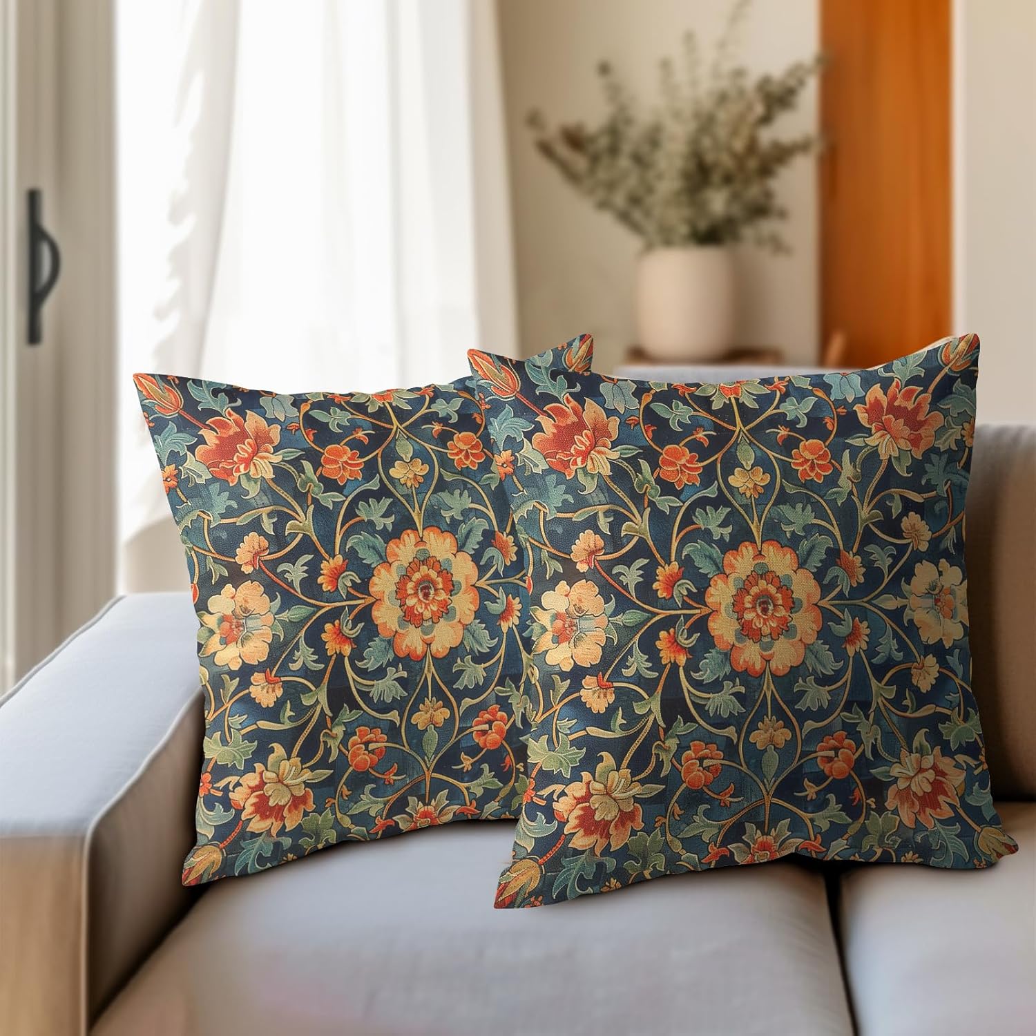 Kawani Juego de 2 fundas de almohada florales vintage de 18 x 18 pulgadas, diseño de flores botánicas antiguas con patrón de tapiz, fundas de