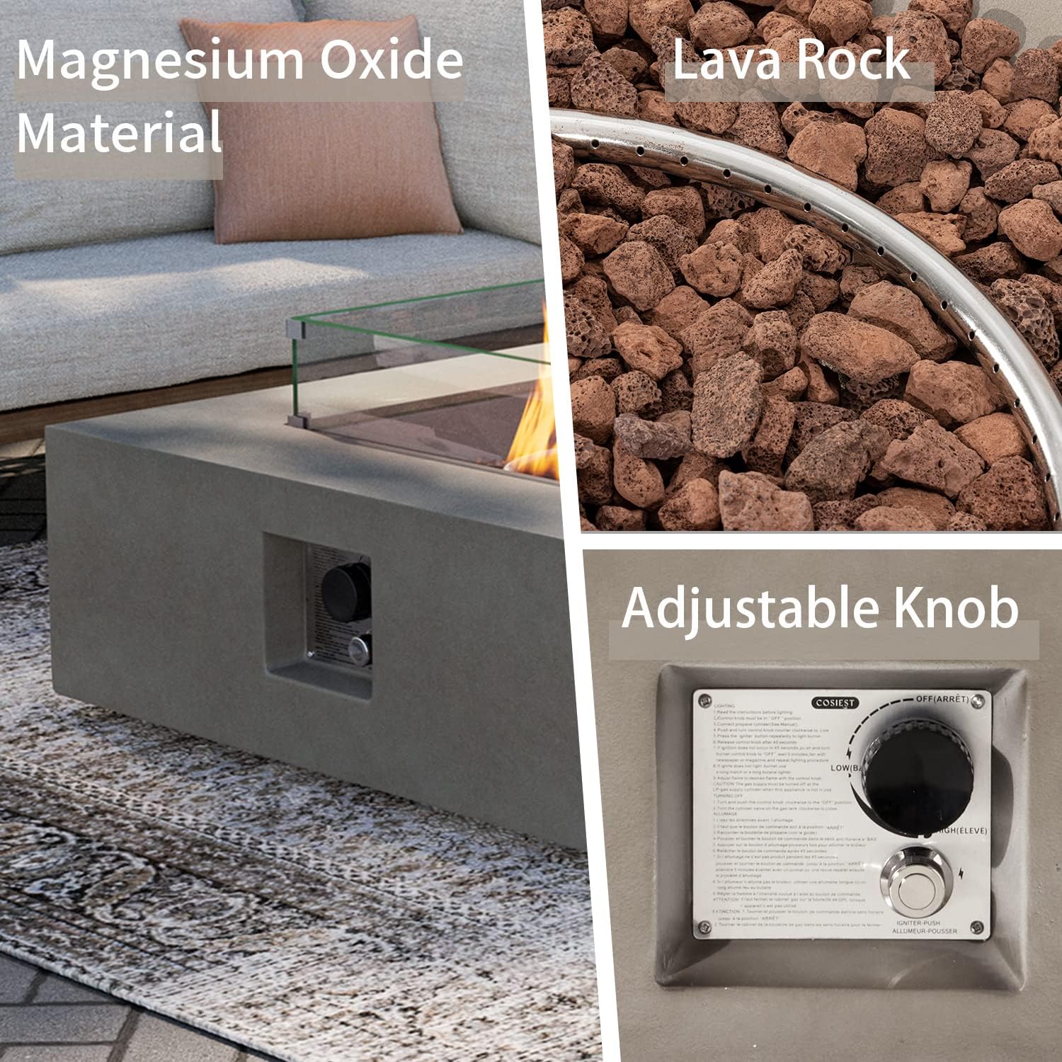 SUNBURY Fogata de propano para exteriores, mesa cuadrada de fuego para patio, 50,000 BTU para exteriores en gris con cubierta de tanque de 20