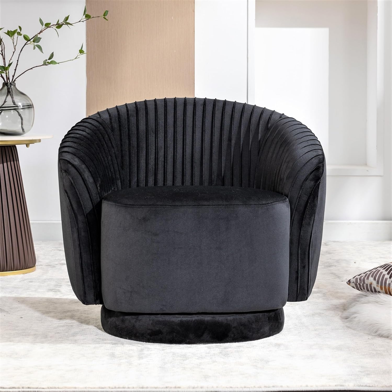 Modern Barrel – Silla giratoria con tapicería de terciopelo de felpa y rotación suave de 360, sofá de un asiento redondo para sala de estar,