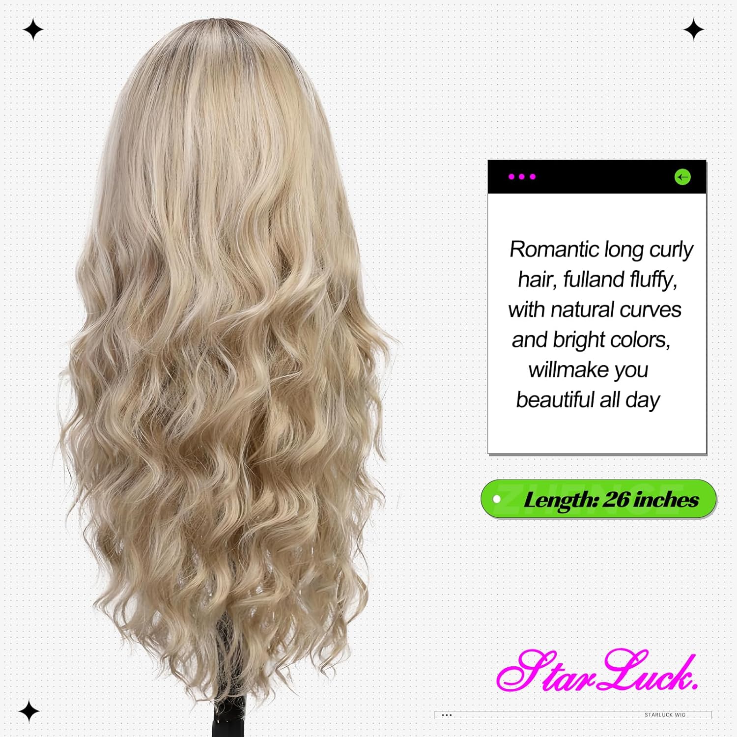 starluck Peluca larga ondulada color rubio ceniza ombré para mujer, 26 pulgadas, parte media, peluca rizada de aspecto natural, peluca de fibra