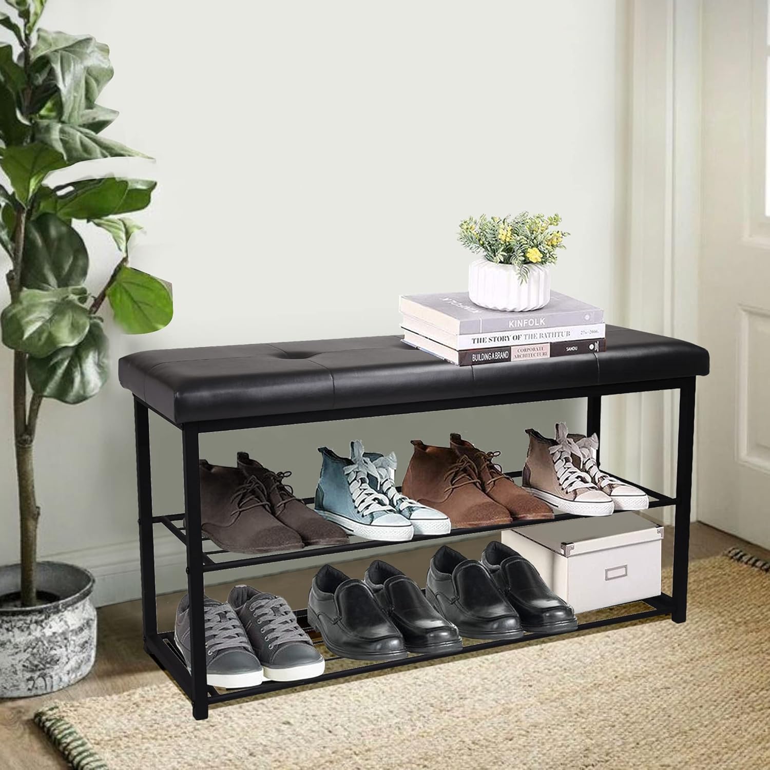 ARDOUR VAN – Banco de zapatos de entrada de 3 niveles negro con asiento acolchado de piel sintética para 8 pares, organizador tapizado de