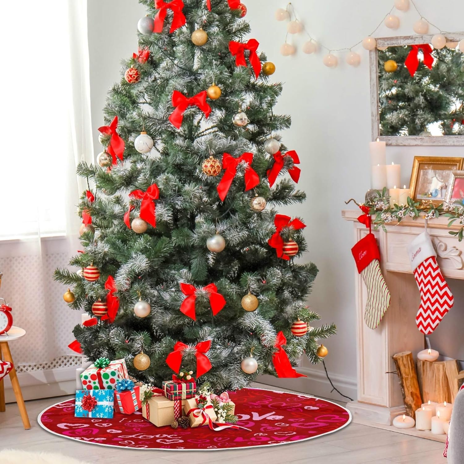 Qilmy Falda de árbol de Navidad con corazón de amor para el día de San Valentín, falda de árbol fina de doble capa para artesanía de Navidad para
