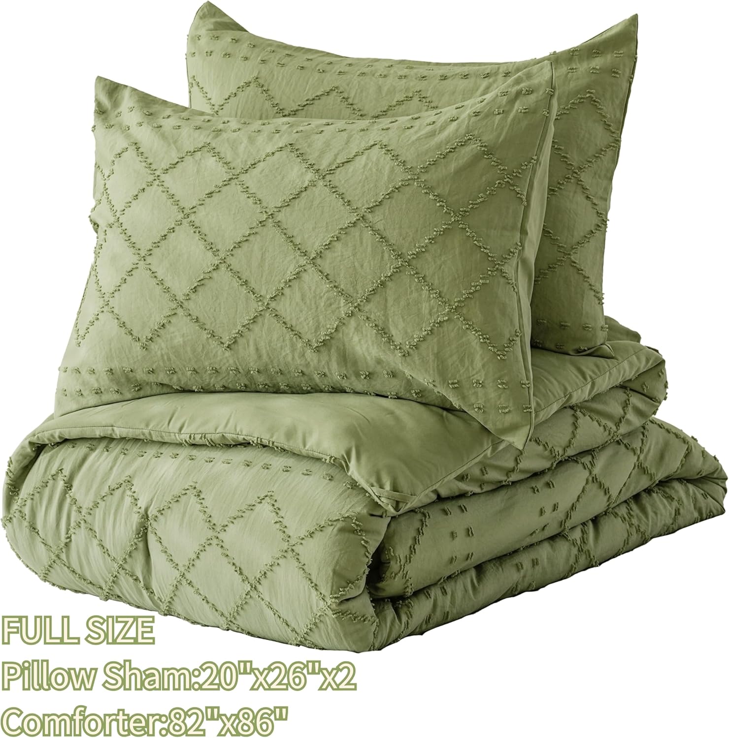 ELNIDO QUEEN Juego de edredón bohemio copetudo tamaño matrimonial, juego de edredón suave de 3 piezas verde salvia para todas las estaciones, juegos