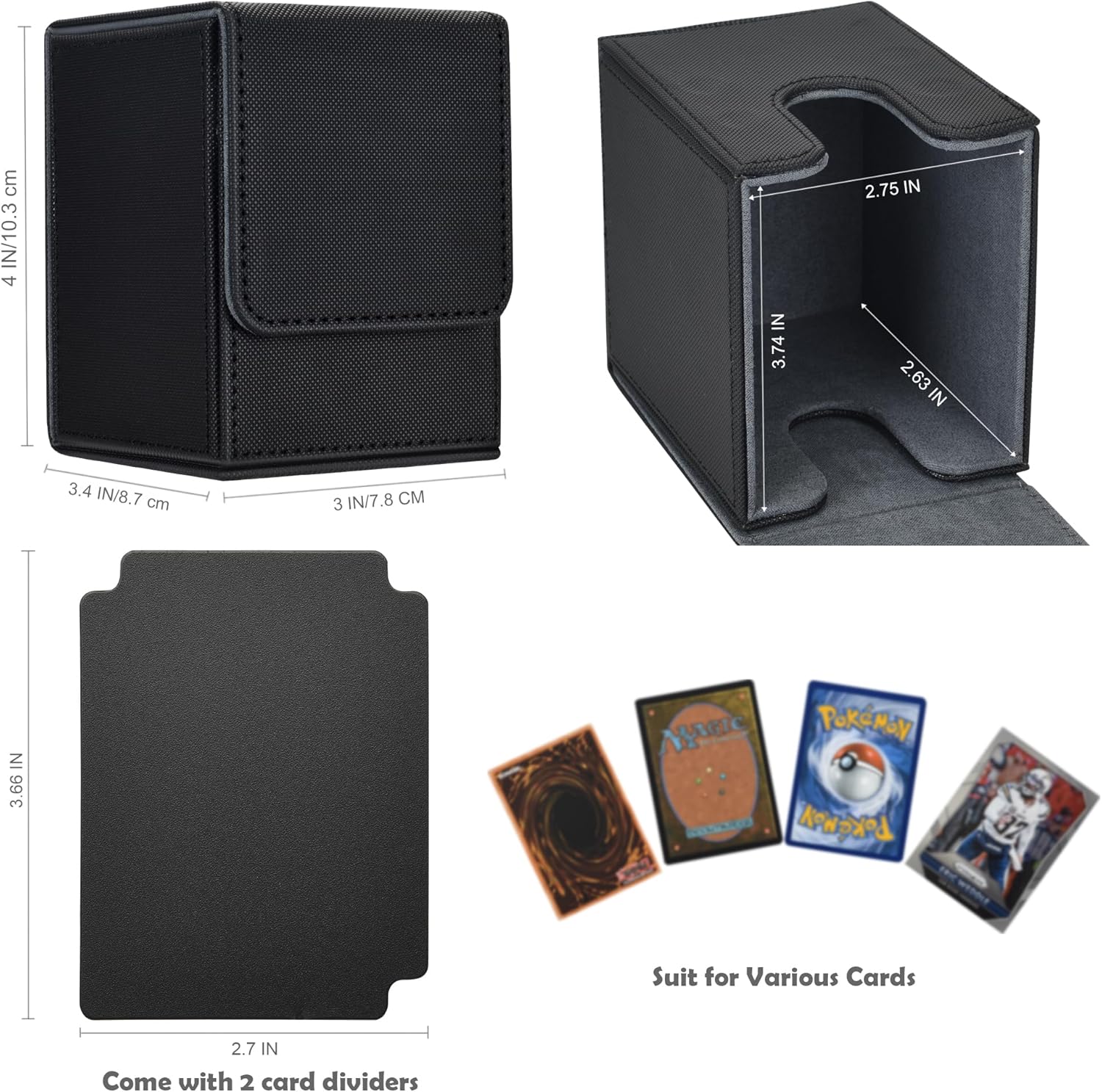 MTG – Caja de cubierta con 2 divisores, caja de gran capacidad para más de 80 tarjetas de doble manga, funda de piel sintética compatible con Magic