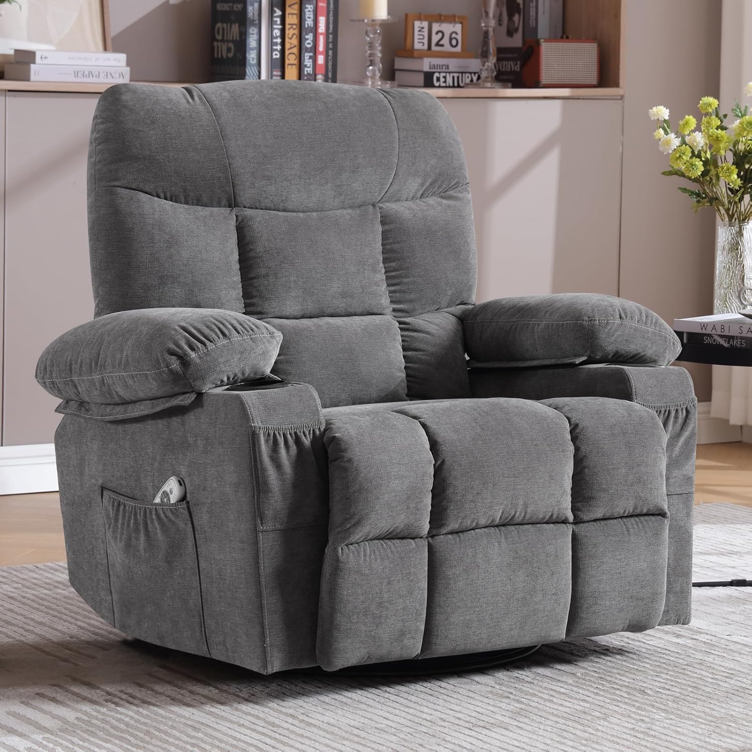 Rocker – Silla reclinable giratoria con masaje por vibración para sala de estar con función de balanceo y bolsillo lateral, 2 portavasos, puerto de