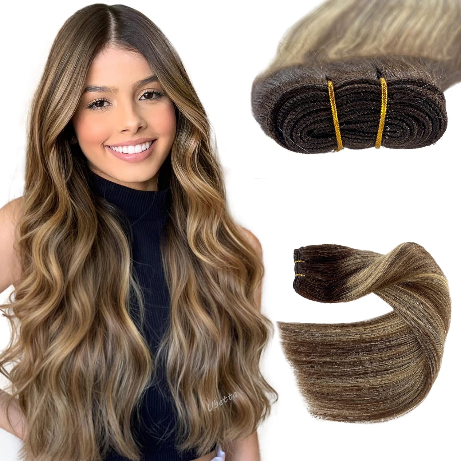 Extensiones de cabello humano real para coser, 20 pulgadas, extensiones de cabello humano de trama, 3.53 onzas, color marrón degradado, balayage,