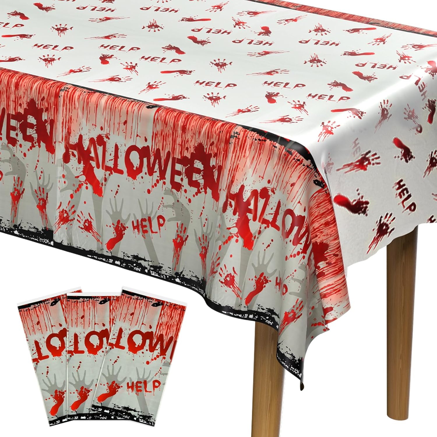 PLULON Paquete de 3 manteles de Halloween de 54 x 108 pulgadas, diseño de huellas de manos color rojo zombi, mantel de plástico para decoración de