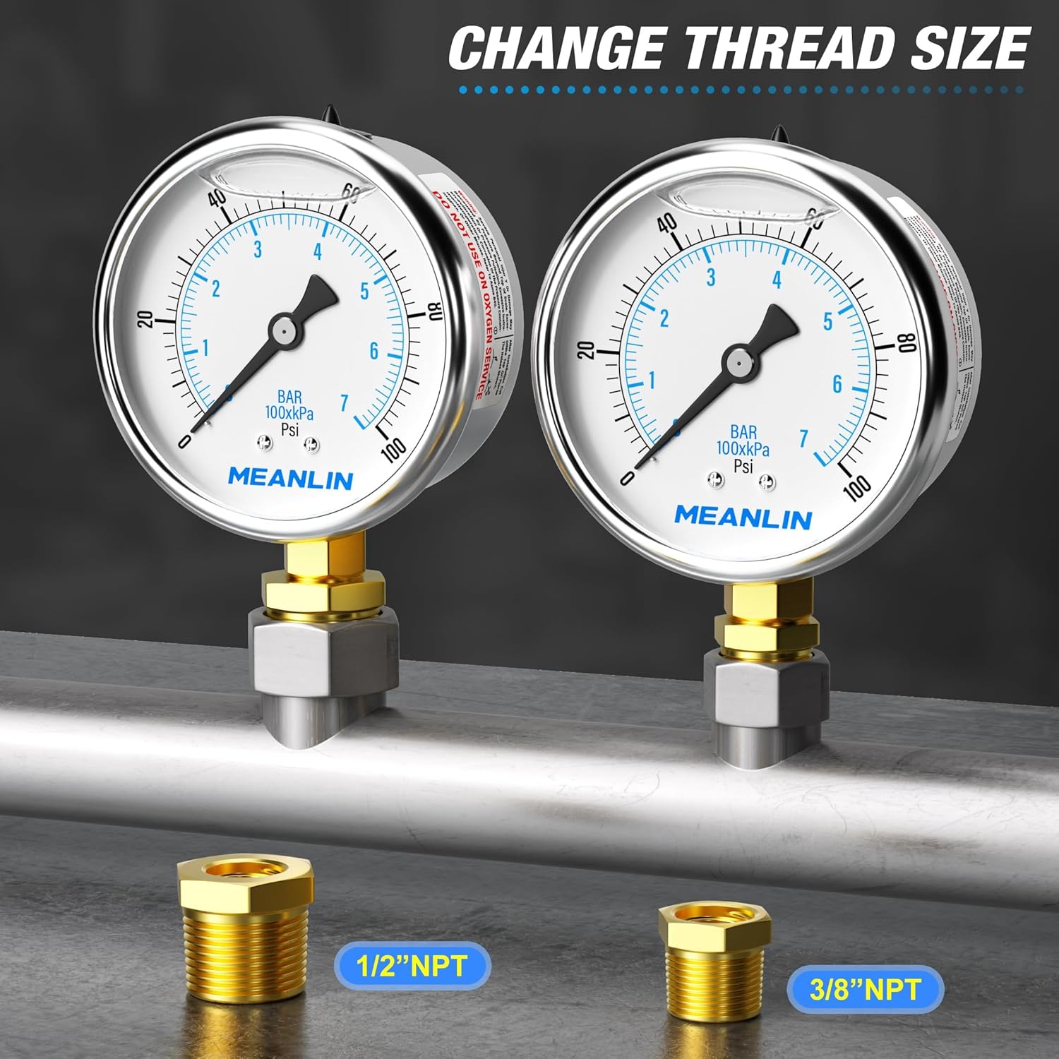 MEANLIN MEASURE 0  100 psi, esfera de acero inoxidable de 14 de pulgada NPT de 2.5 pulgadas, medidor de presión relleno de líquido, montaje inferior