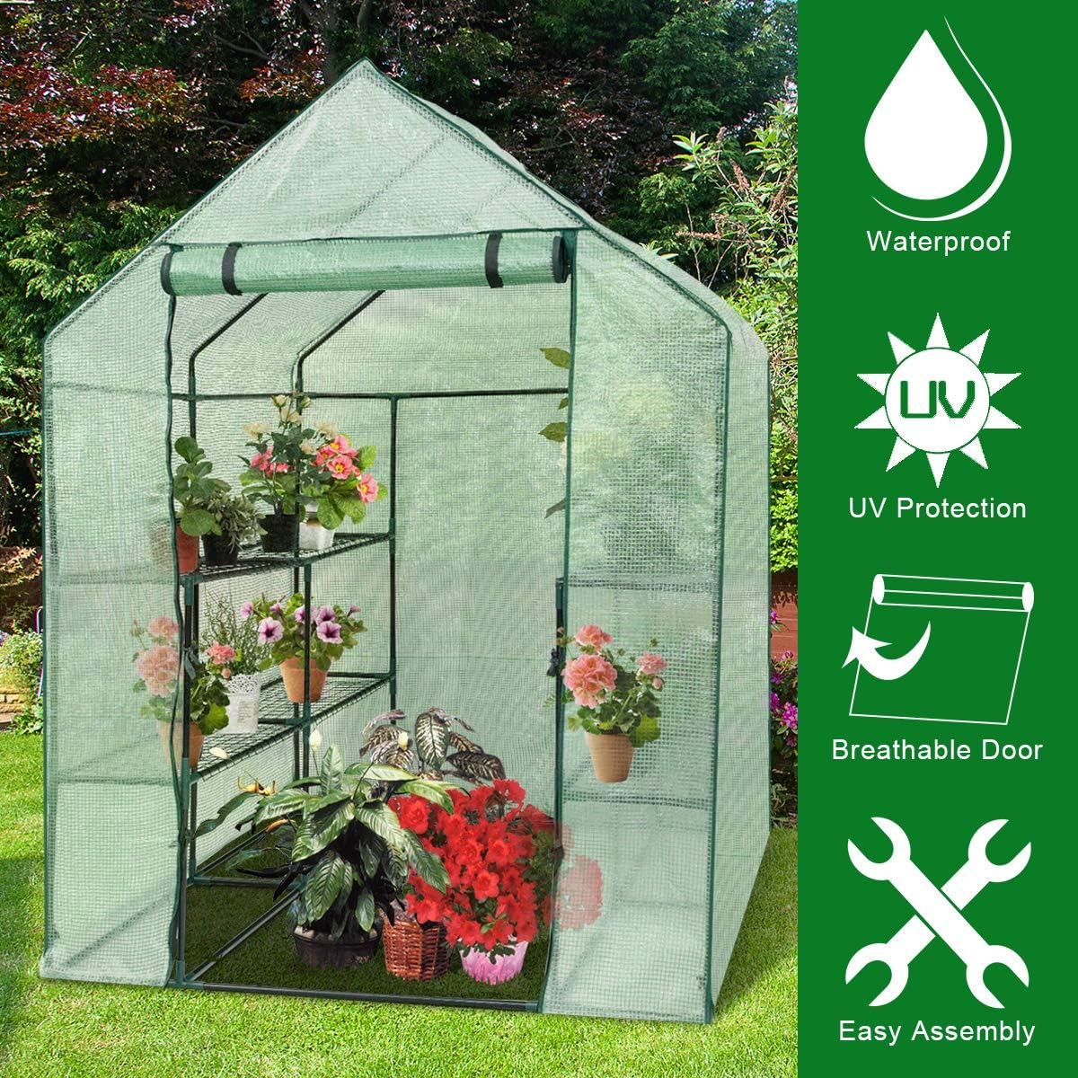 Safstar – Invernadero de 4.8 x 4.8 x 6.4 pies, casa verde con 2 estantes de malla de 8 niveles y puerta enrollable con cremallera, mini invernadero