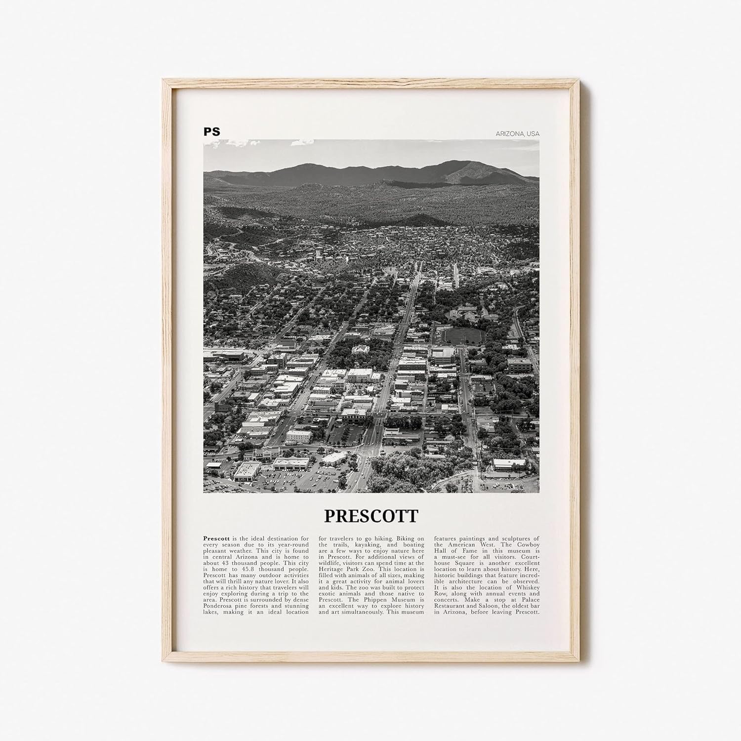 Prescott Print – Arte de pared en blanco y negro, póster de Prescott, foto de Prescott, decoración de pared de Prescott, mapa de Prescott, Arizona,