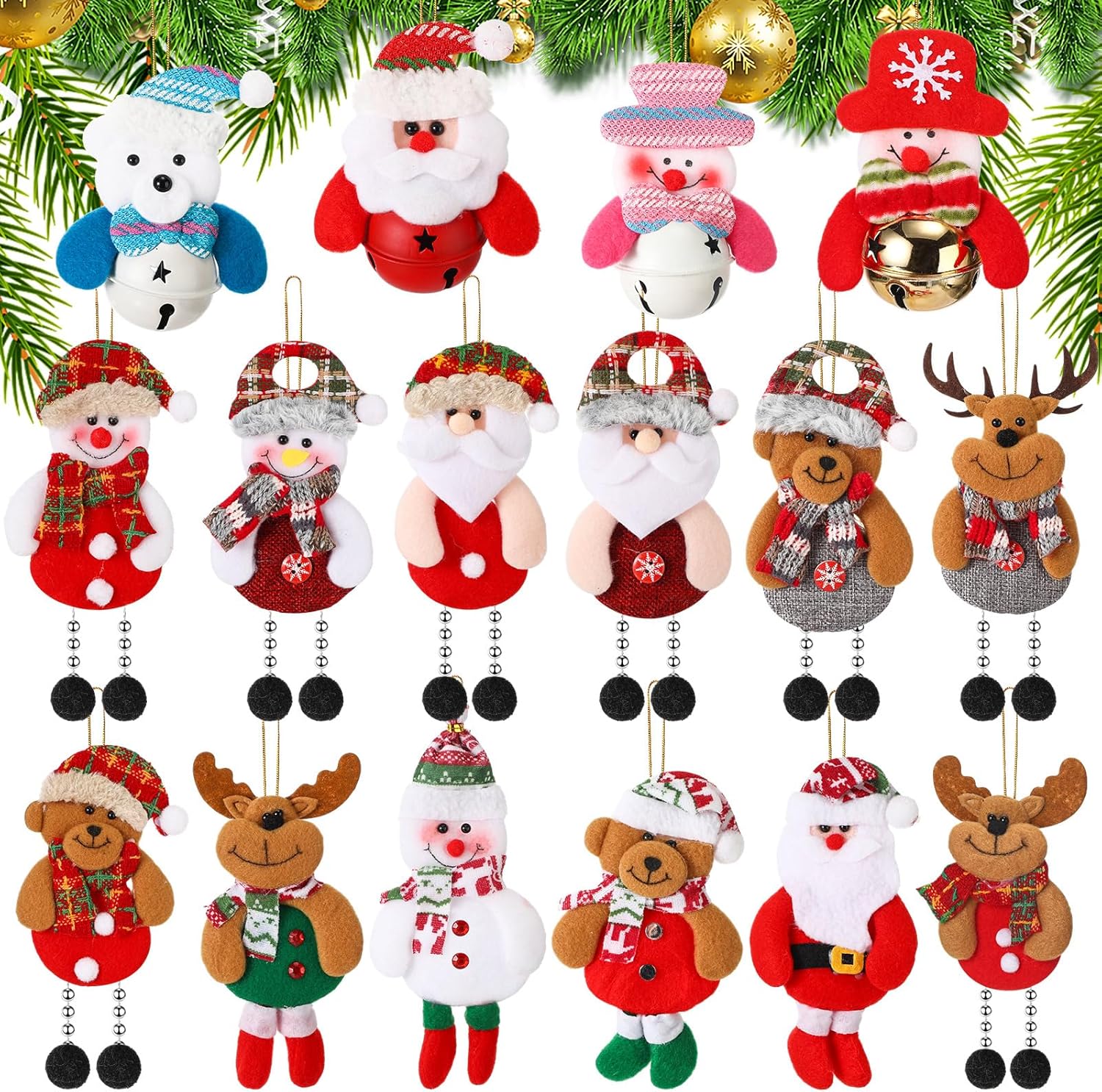 Skylety 16 piezas de decoraciones de árbol de Navidad, de peluche, oso de Papá Noel, colgantes de árbol de Navidad, alce, muñeco de nieve, campana,