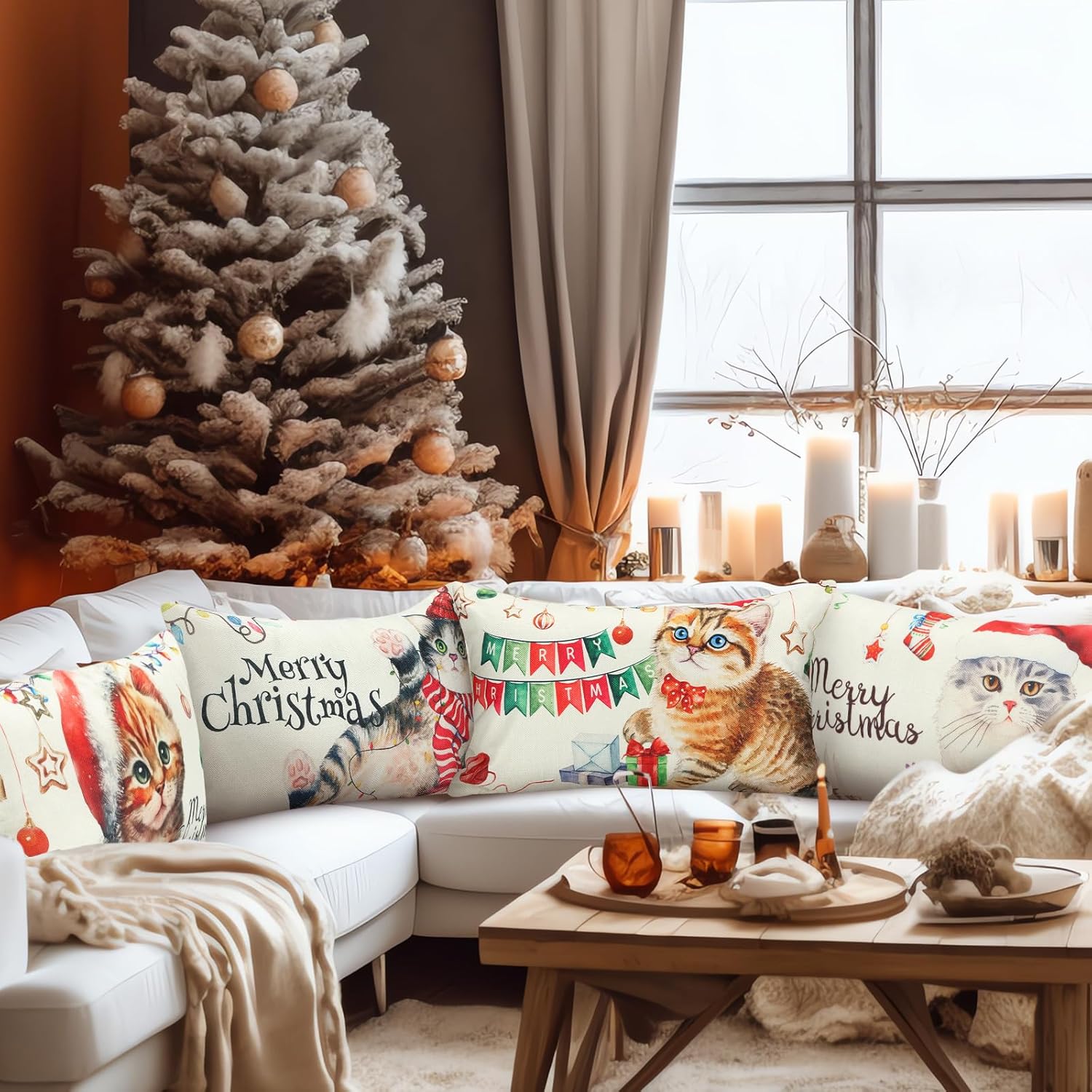 6 fundas de almohada de Feliz Navidad de 12 x 20 pulgadas, fundas decorativas de casa de campo de gato, fundas de almohada decorativas de invierno