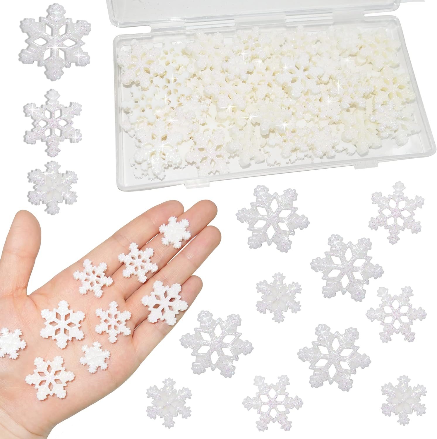 HADDIY Pequeños copos de nieve para manualidades, 60 piezas de mini copos de nieve de plástico con purpurina blanca para adornos de Navidad y